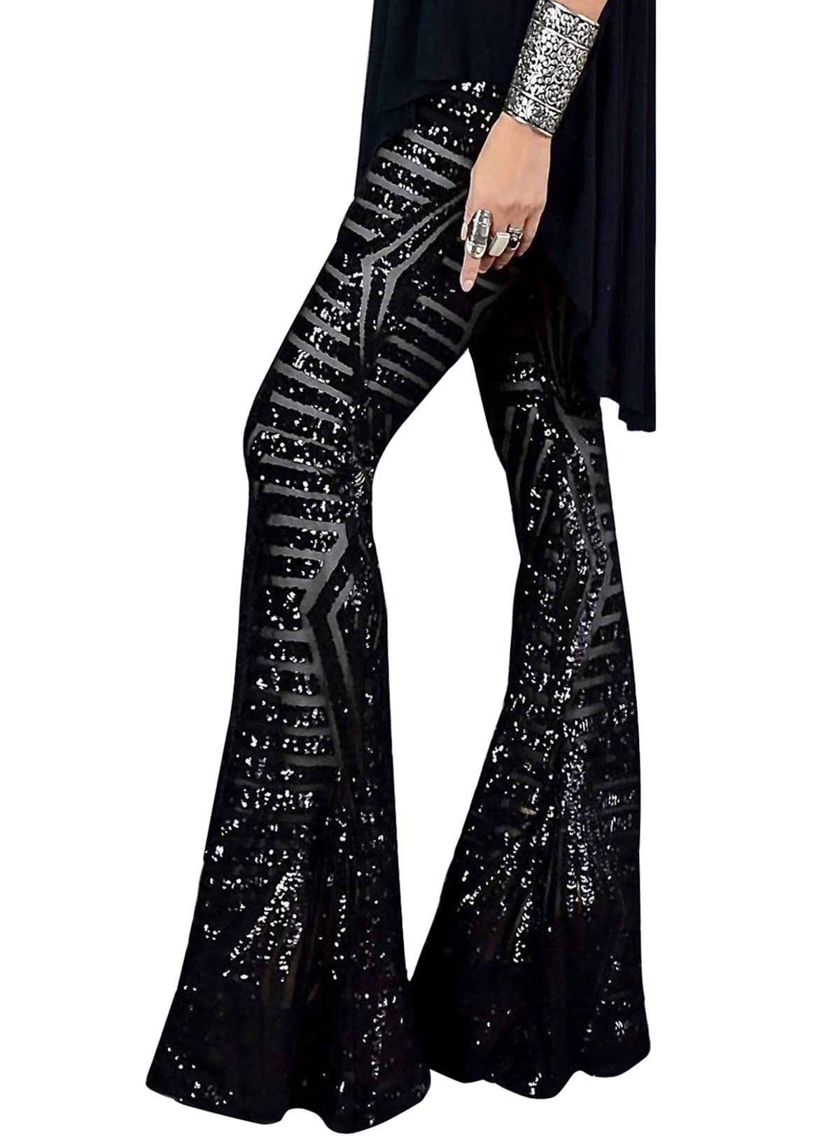 Bdcoco Women's High Waist Sequin Sparkle Flared Pants - Wide Leg Bell Bottom Trousers for Party, Night Out & Special Occasions