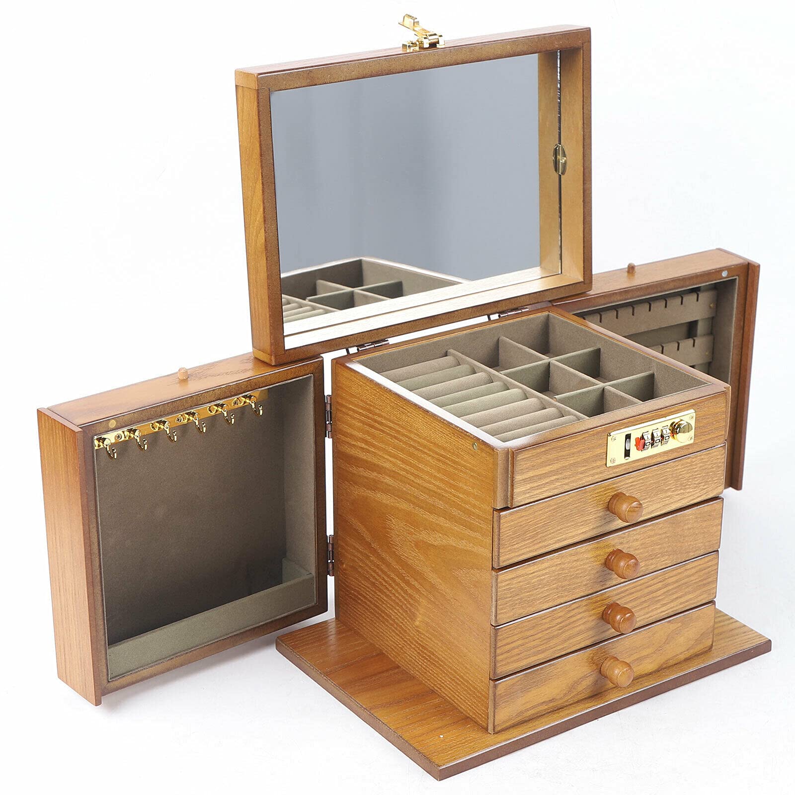 Premium Wooden Jewelry Box with Combination Lock - Large Multi-Compartment Storage Organizer for Necklaces, Rings, Earrings, Watches & Sunglasses - Perfect Gift for Women & Girls (Natural Wood) - Ideal for Home Organization, Travel & Holiday Gifts (Christmas, Thanksgiving, Birthday)