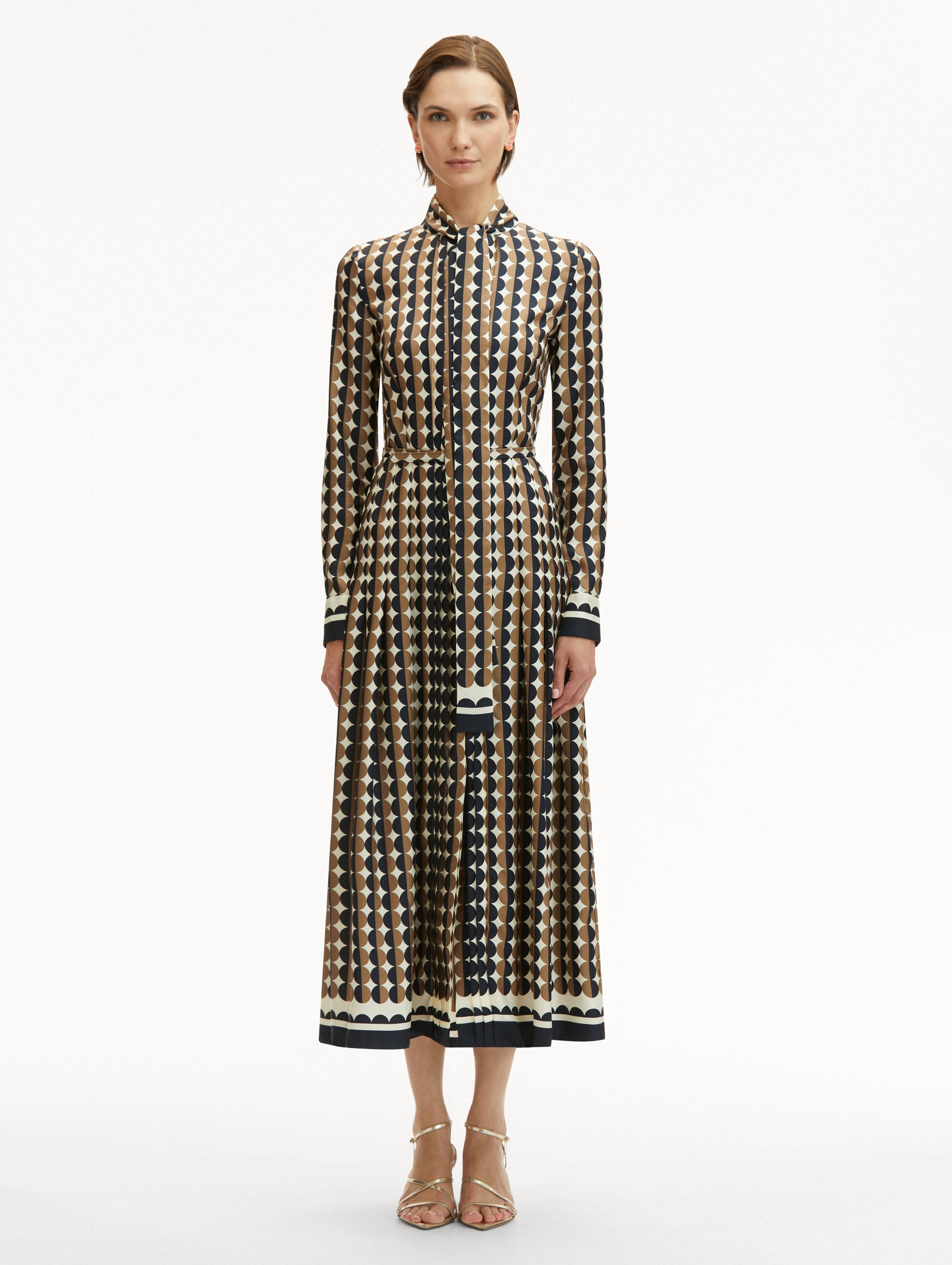 Elegant Geometric Circle Print Silk Twill Dress for Women | Flowy Summer & Evening Party Wear | Perfect for Weddings, Cocktail Events & Date Nights