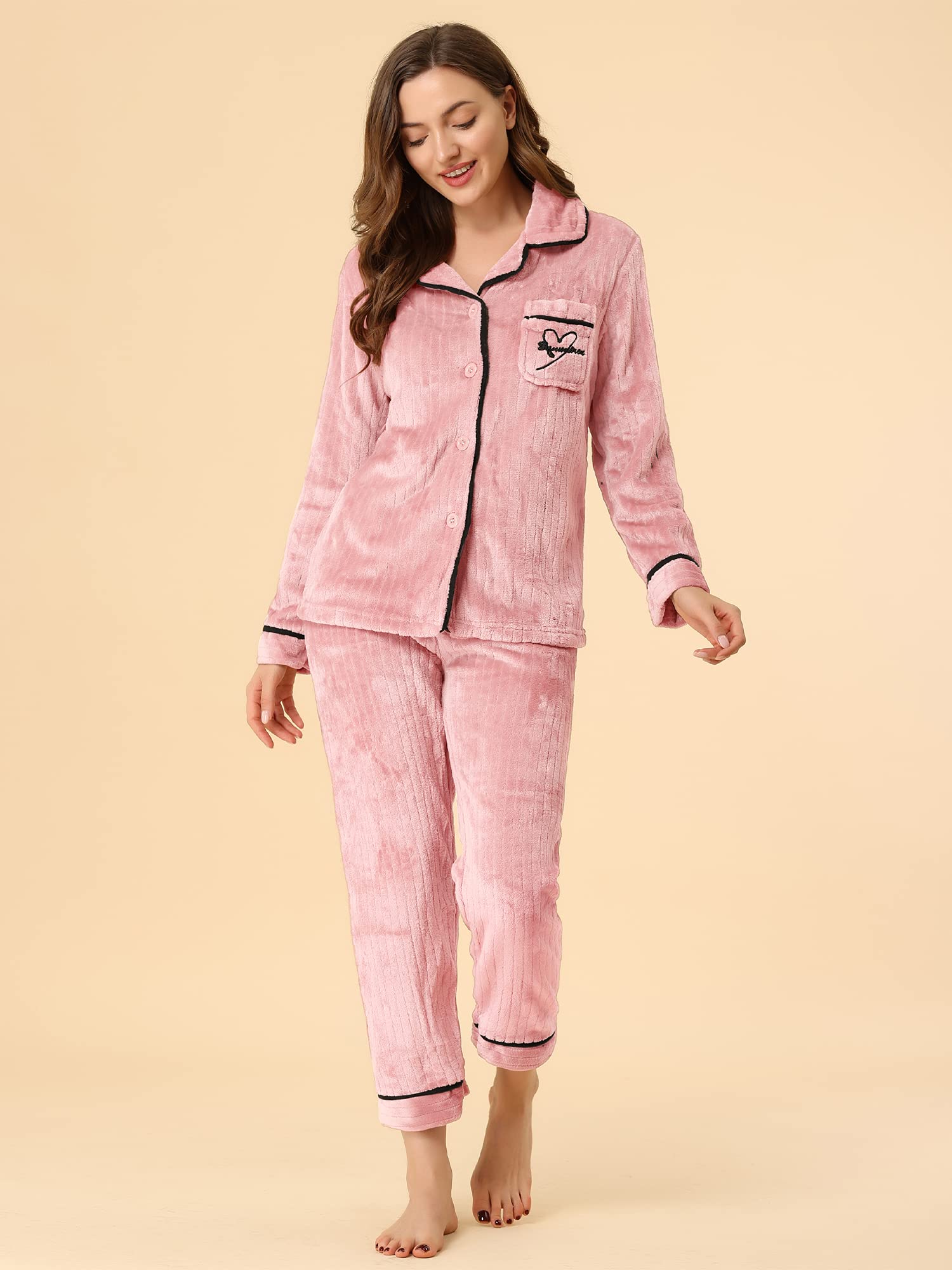 Allegra K Women's Flannel Pajama Set - Long Sleeve Button Down Sleepwear for Winter & Lounge Wear - Cozy Nightwear for Relaxing at Home or Sleepovers