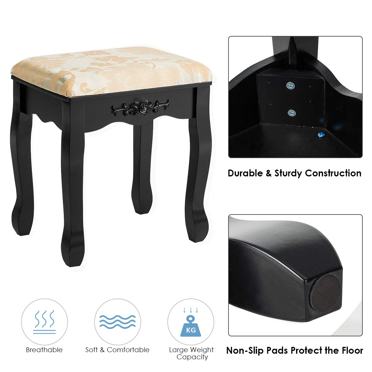 CHARMAID Vanity Table Set with Rotatable Oval Mirror & 5 Drawers - Makeup Dressing Table with Cushioned Stool for Women & Girls, Bedroom Furniture (Black) | Perfect for Small Spaces, Cosmetics Organization & Glam Room Decor