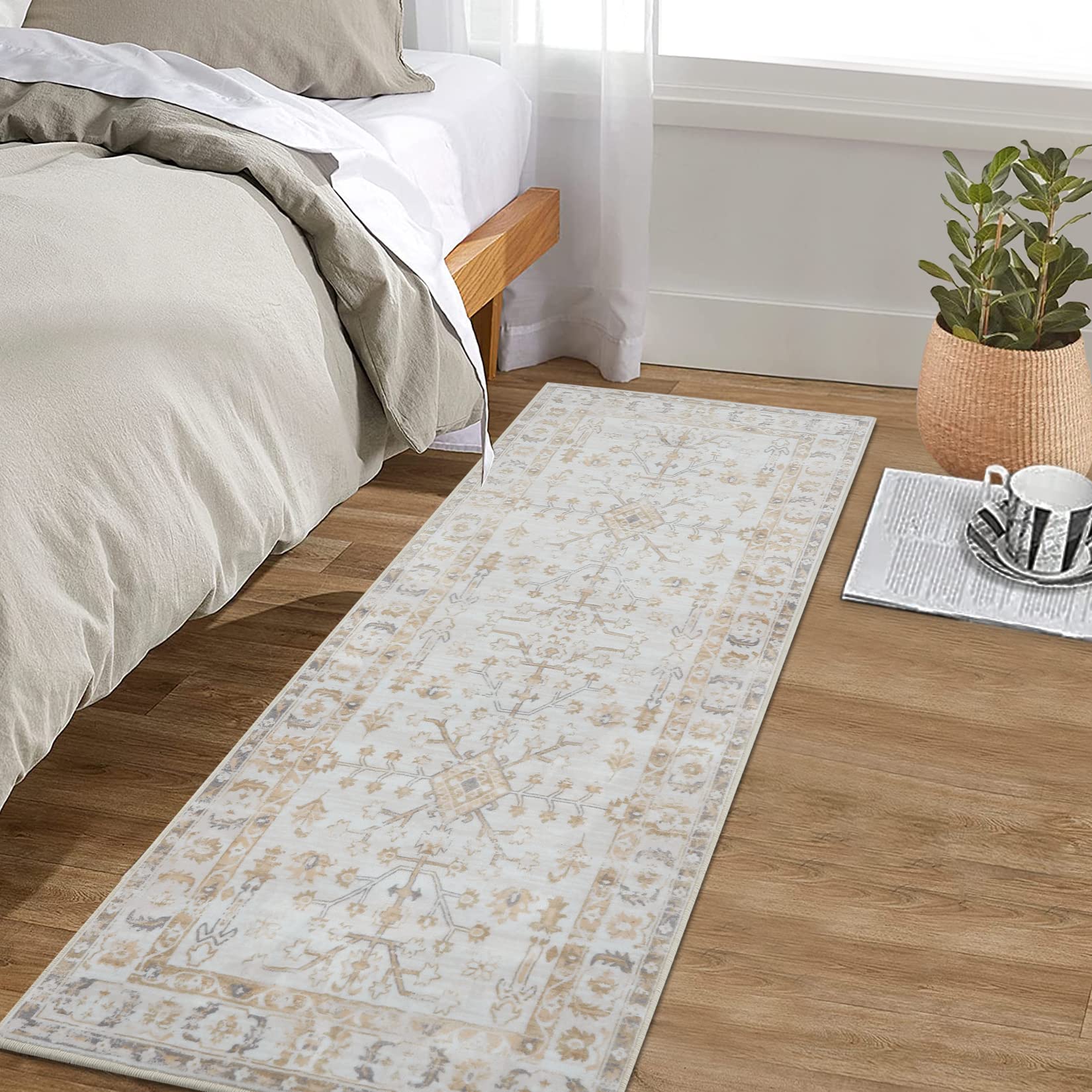 GARVEE 2x6 Runner Rug - Stain Resistant Non-Slip Low Pile Indoor Carpet for Entryway, Kitchen, Living Room & Bathroom - Persian Design with Anti-Slip Backing, Yellow (2' x 6') - Perfect for High Traffic Areas & Pet-Friendly Homes