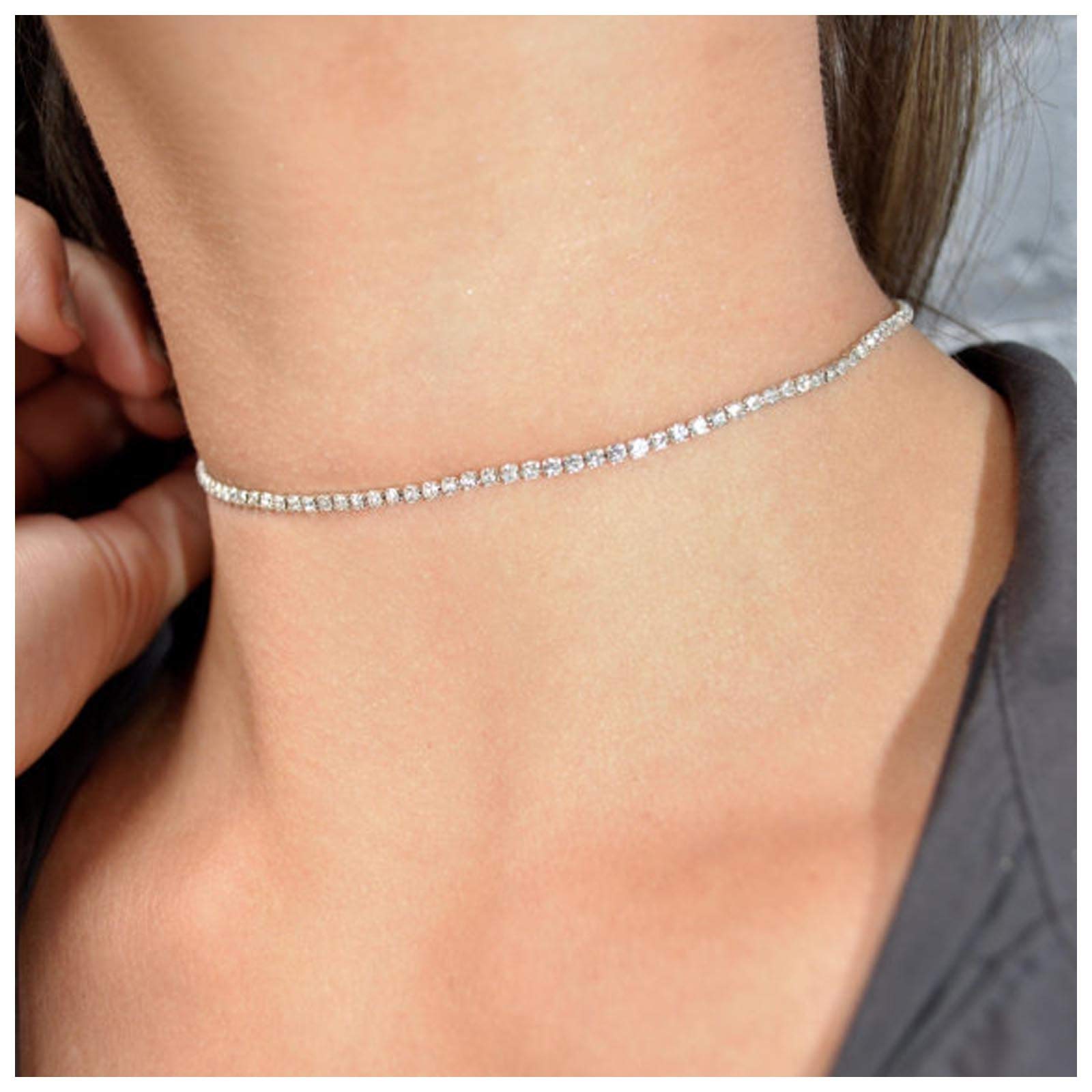 Sparkling Rhinestone Choker Necklace for Women - Silver CZ Diamond Collar Chain with Shining Crystals | Elegant Bling Jewelry for Nightclub, Party, Wedding & Special Occasions