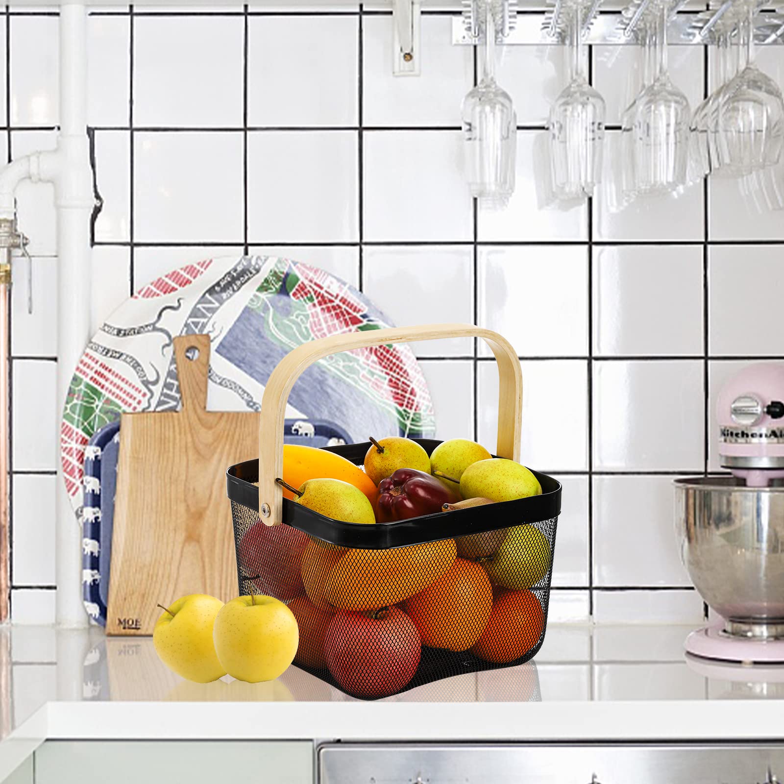 ZEAYEA Mesh Steel Fruit Basket with Handle - Multi-Purpose Hanging Storage Organizer for Kitchen, Pantry & Bathroom | Durable Metal Wire Harvest Basket for Garden, Picnic & Home Decor (Black) - Perfect for Organizing Produce, Groceries & Household Items