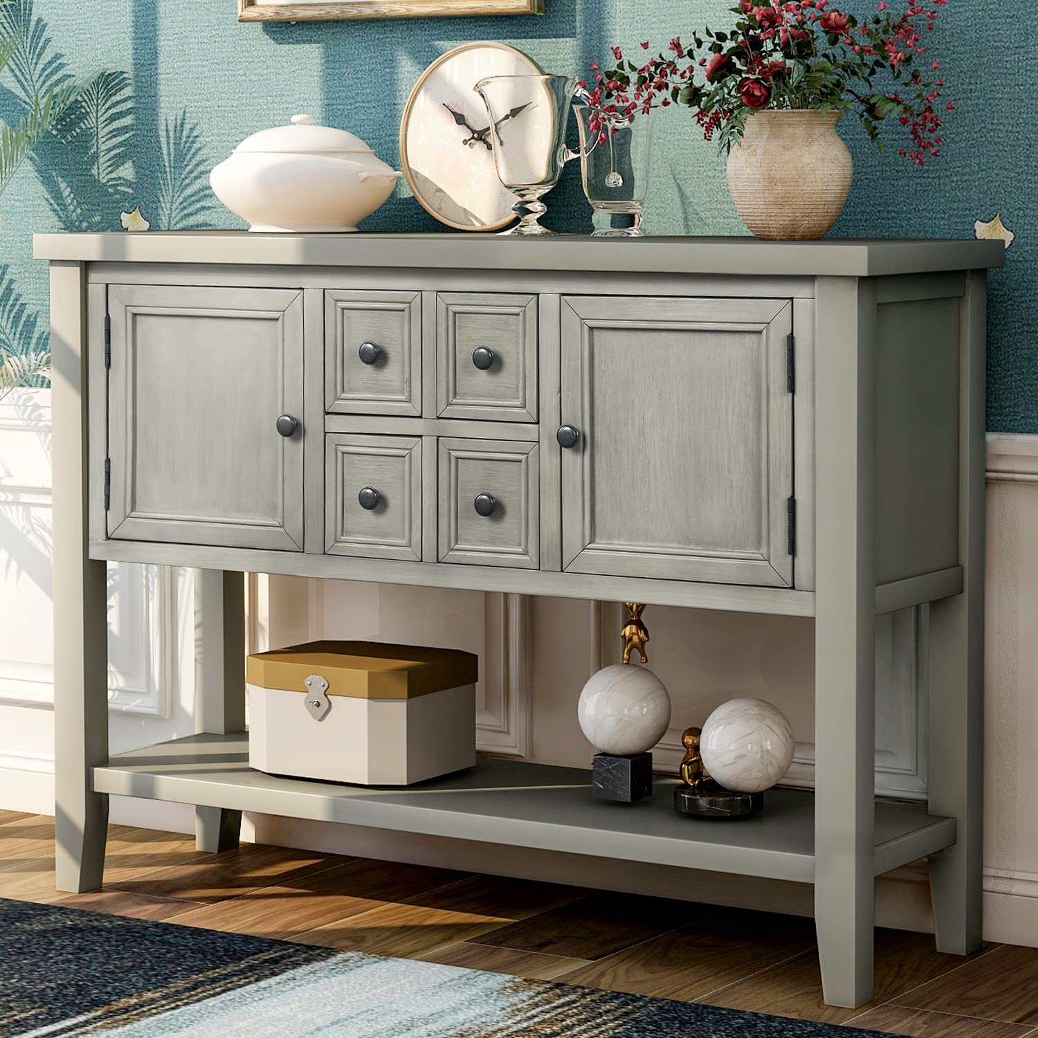 Modern Solid Wood Console Table with 6 Drawers - Retro Buffet Cabinet for Dining & Living Room