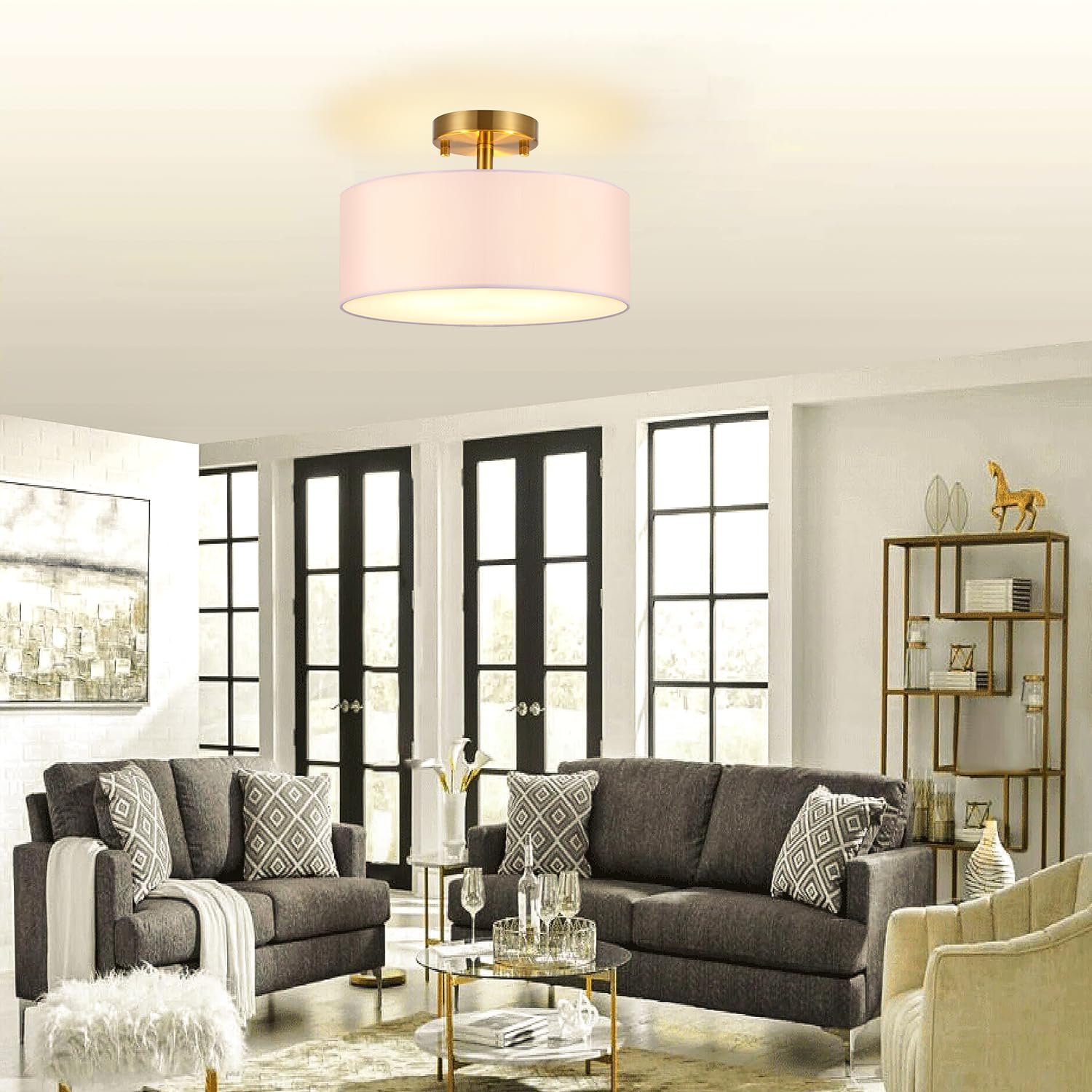15 Inch Drum Ceiling Light Fixture - White Fabric Shade & Gold Finish - Semi-Flush Mount Lighting for Bedroom, Dining Room, Living Room, Hallway - Modern Home Decor & Ambient Lighting Solution