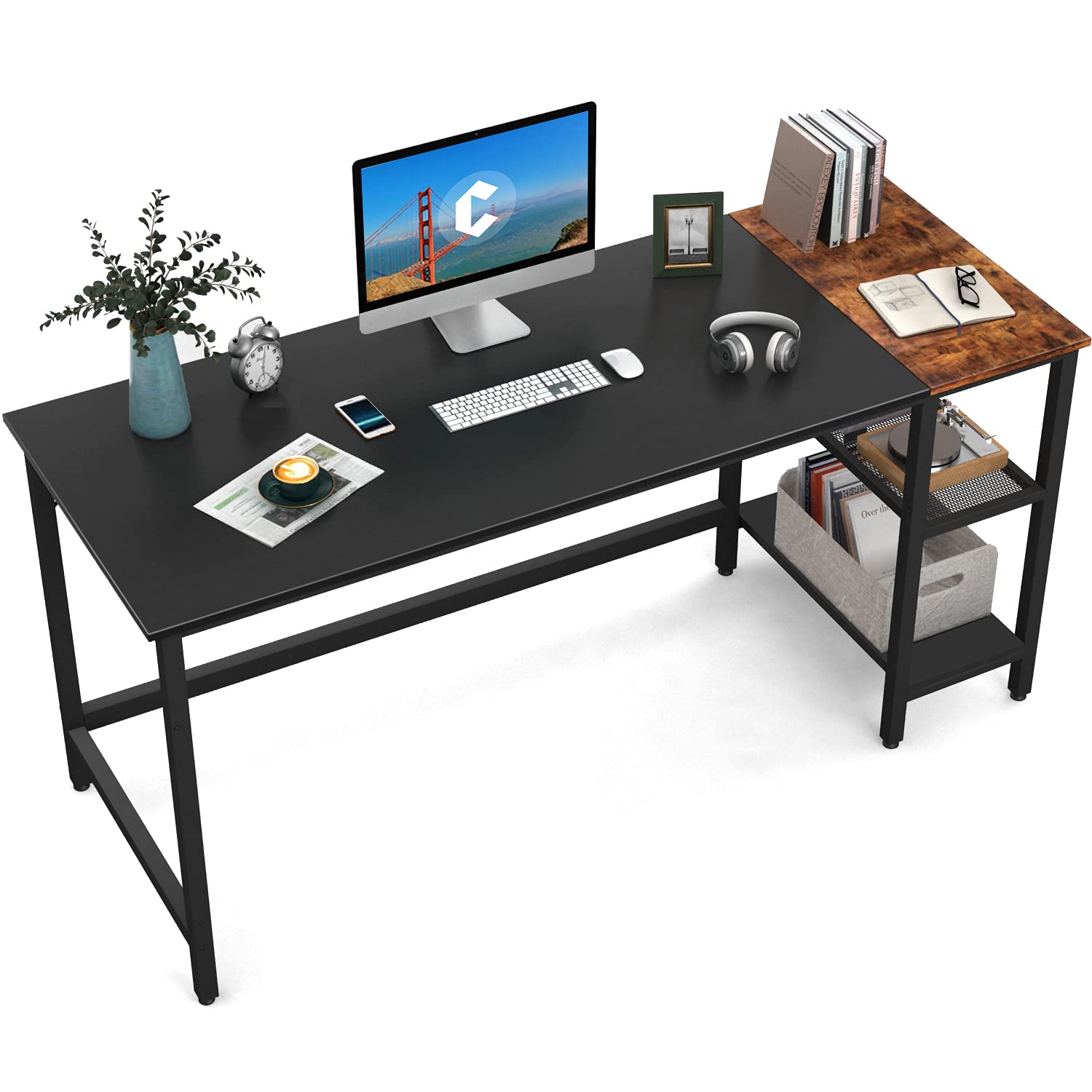 CubiCubi 55 Inch Home Office Desk with Storage Shelves - Modern Simple Computer Desk, Study Writing Table with Splice Board, Black/Brown - Perfect for Small Spaces, Home Office & Gaming Setup