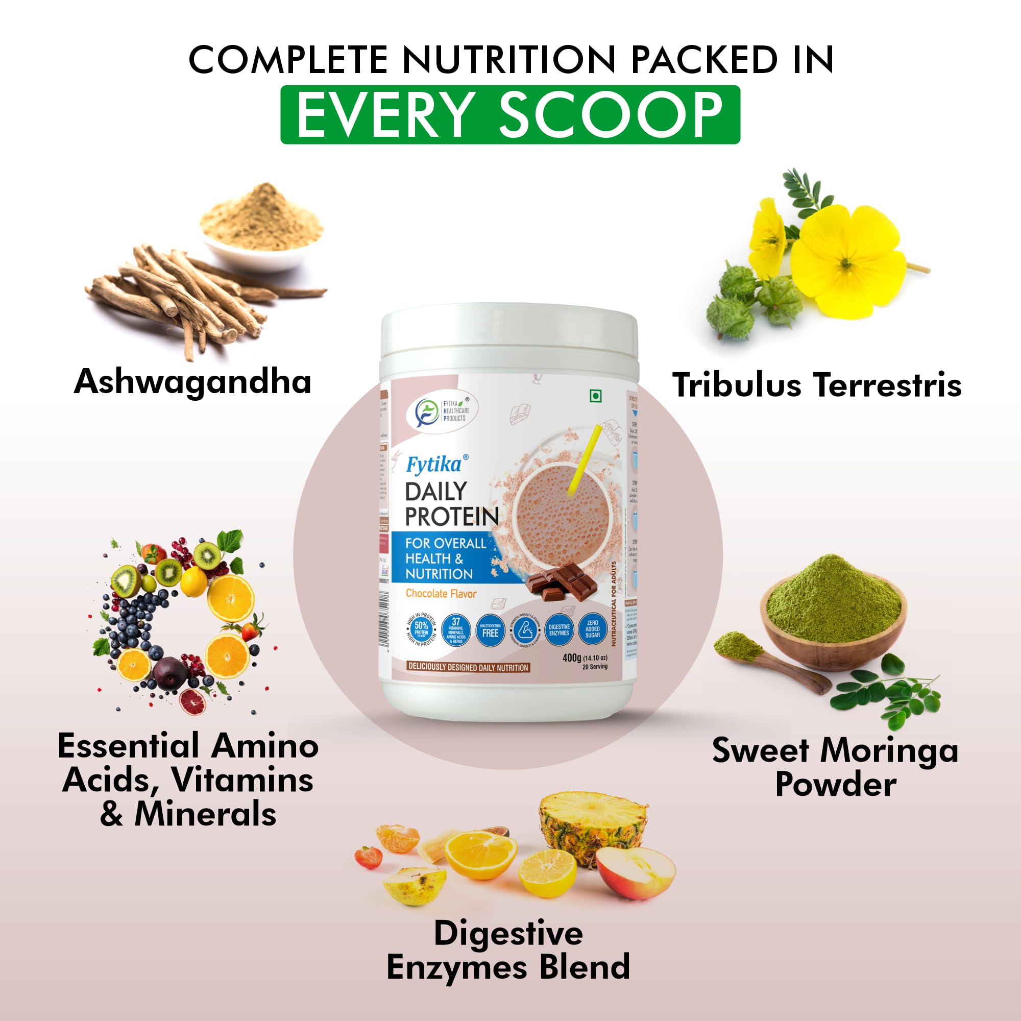 FYTIKA High Protein Powder for Adults - 50% Protein per Serving with 37 Essential Vitamins & Minerals | Chocolate Flavor | 400g Pack | Ideal for Post-Workout Recovery, Weight Management & Daily Nutrition for Men & Women