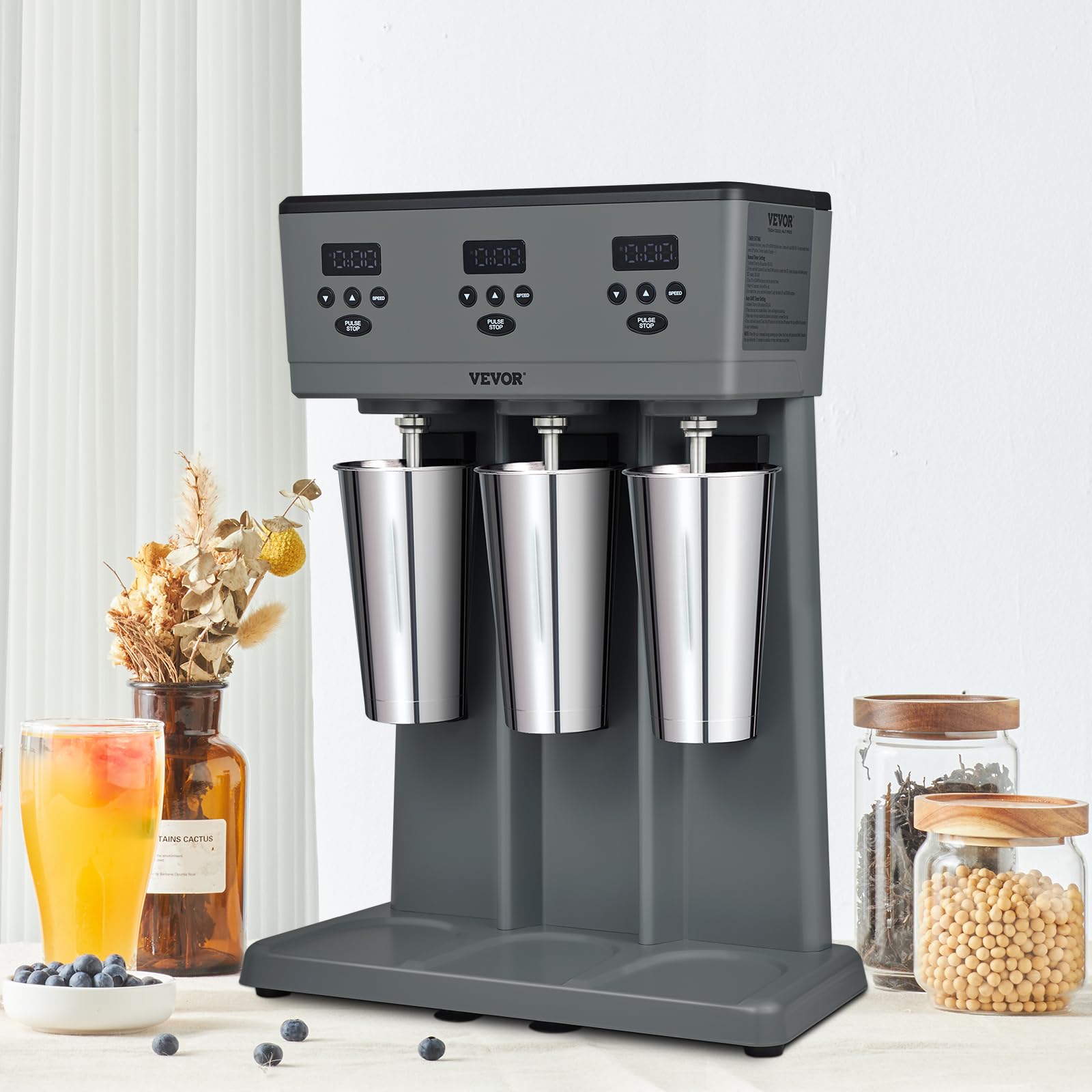 VEVOR Commercial Triple Head Milkshake Maker - 375W Electric Drink Mixer Blender with 3 Speeds, LED Display & Microswitch, Includes 3 x 820ml Stainless Steel Cups - Perfect for Restaurants, Cafes, Ice Cream Shops & Smoothie Bars