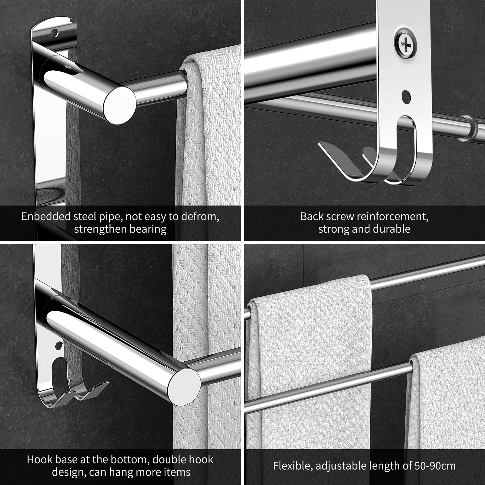 Stretchable 24-30 Inches Stainless Steel Towel Bar - Rustproof SUS304 No Drill Self-Adhesive Wall Mount for Bathroom & Kitchen - Perfect for Hand Towels, Dish Cloths & More (2 Bars) - Ideal for Small Spaces, Apartments & RVs