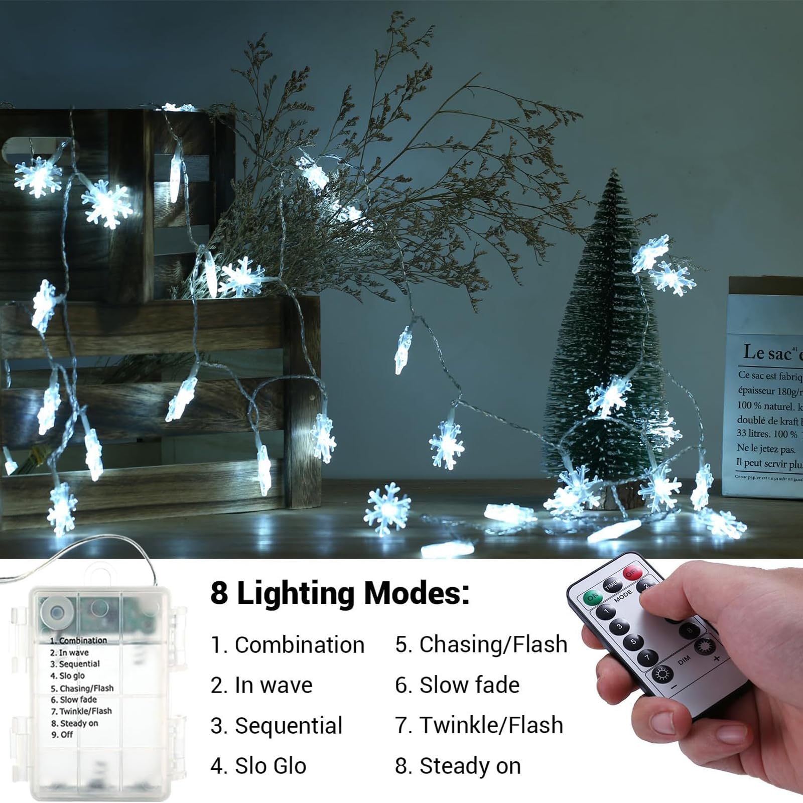 20ft 40LED Christmas Snowflake String Lights - 8 Lighting Modes with Timer & Remote Control - Battery Operated Fairy Lights for Indoor Outdoor Holiday Decor (White) - Perfect for Christmas Tree, Party, Garden, Patio and Home Decoration