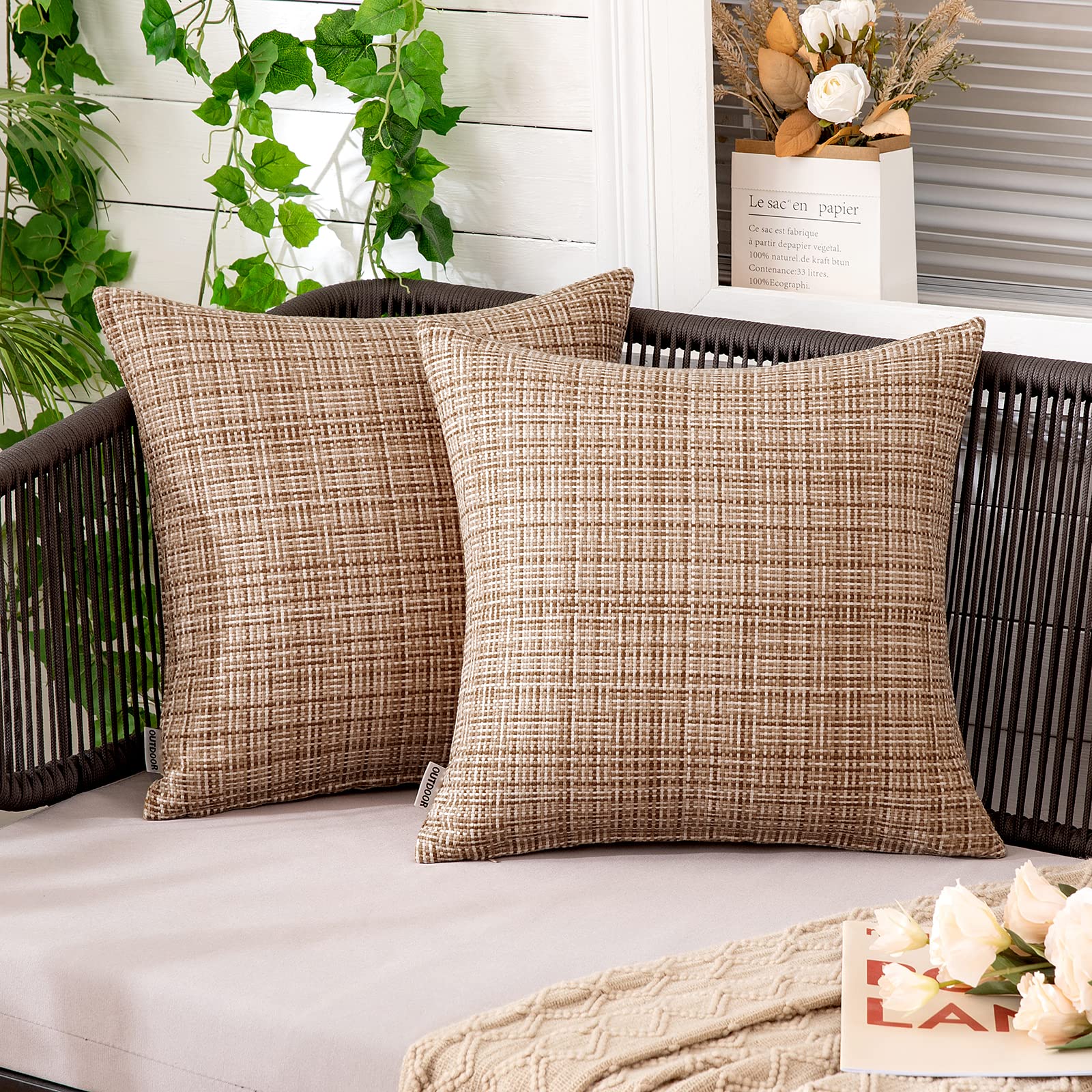 MIULEE Waterproof Outdoor Throw Pillow Covers 16x16 Inch - Farmhouse Decorative Cushion Covers for Patio, Garden, Tent, Sofa & Couch - Pack of 2 Beige - Perfect for Outdoor Furniture, Camping & Home Decor