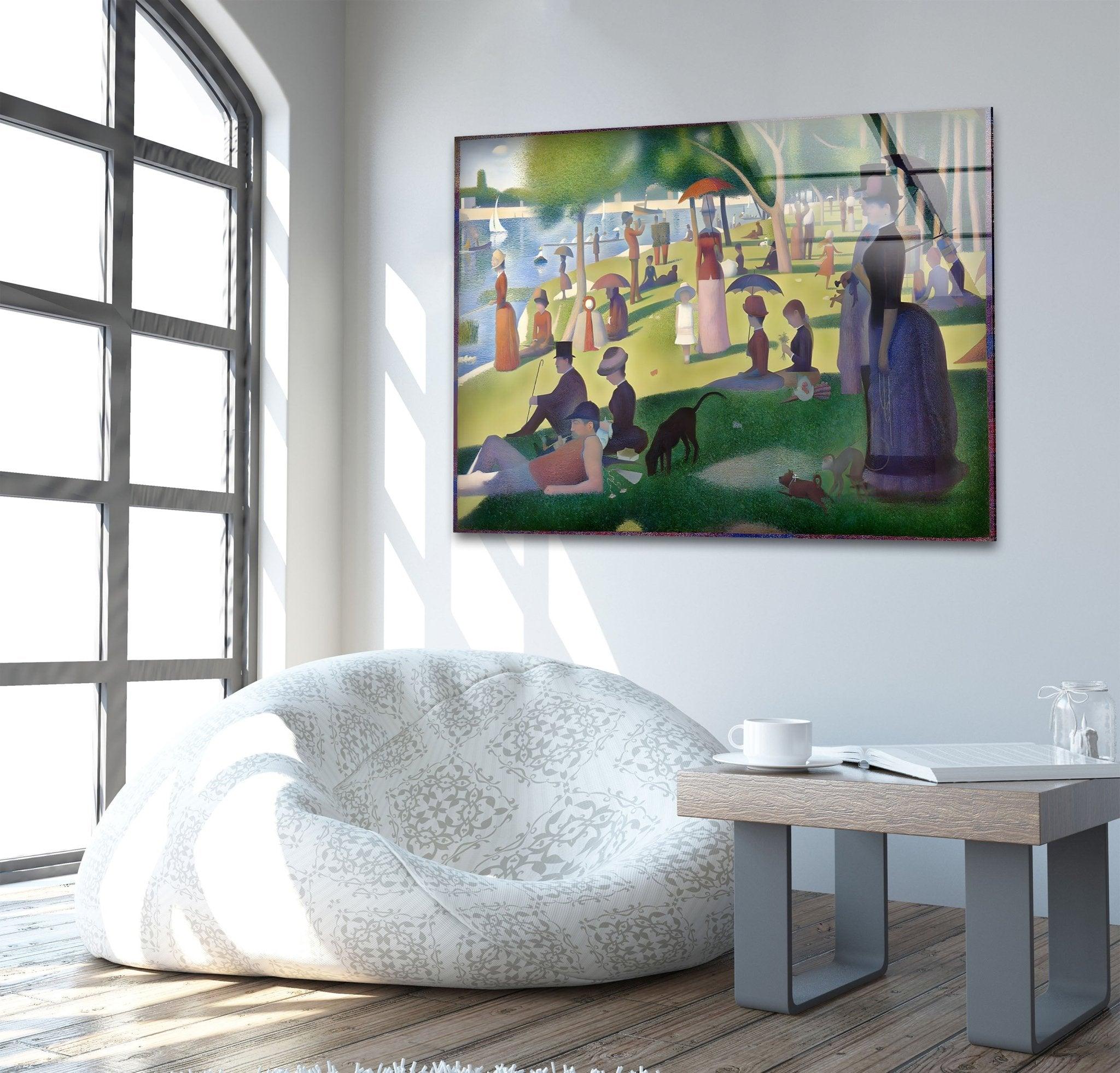 Georges Seurat Grande Jatte Island Glass Wall Art - Sunday Afternoon Painting Reproduction - Perfect for Living Room, Bedroom & Office Decor