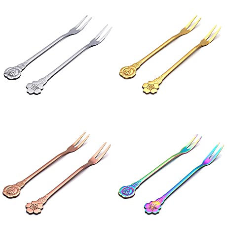 8-Piece Stainless Steel Fruit Forks Set - Multi-Colored Flower 2-Prong Appetizer Forks for Cocktails, Salads, Cakes & Desserts - Perfect for Parties, Picnics & Home Entertaining (5.3 Inches)
