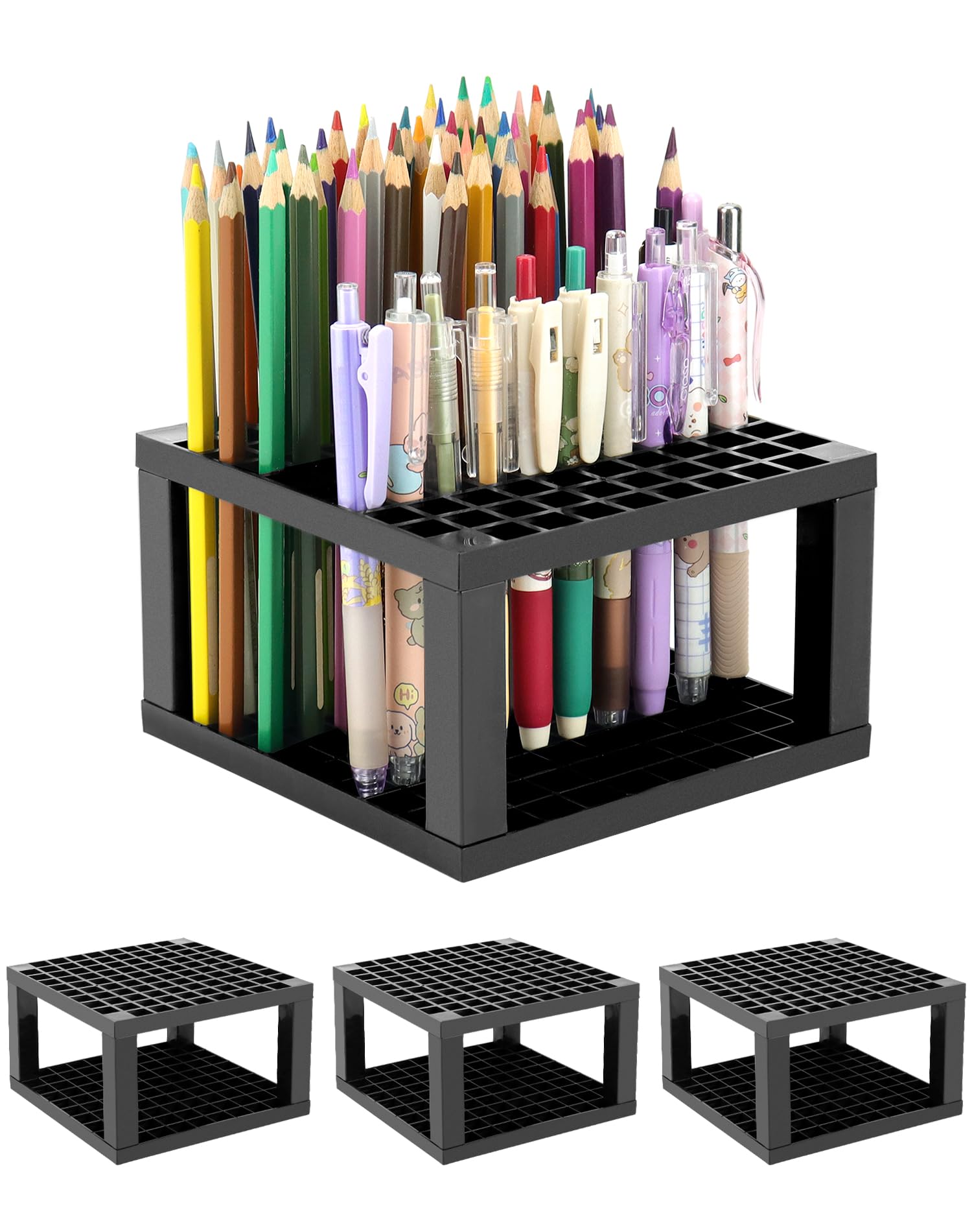 QWORK 96 Hole Plastic Pencil & Brush Holder Organizer - 4 Pack Desk Storage Stand for Pens, Brushes, Colored Pencils, Modeling Tools - Perfect for Artists, Students & Office Organization