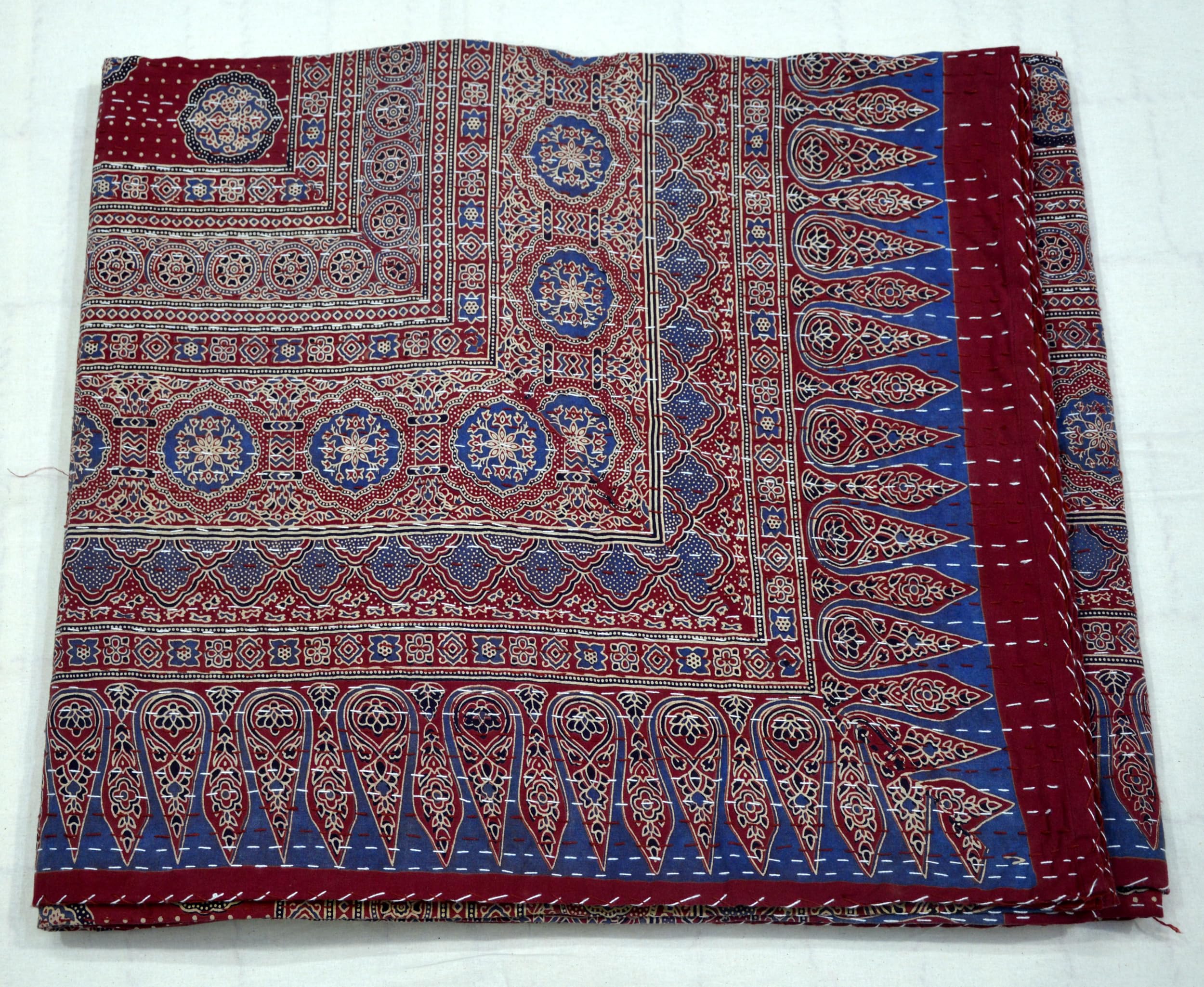 Marusthali Indian Kantha Quilts - Handmade Vintage Cotton Bedspread & Throw Blanket - Queen Size 90x108 Inch (Maroon Blue) - Perfect for Bed, Sofa, or Decorative Throw - Hand Block Printed & Stitched