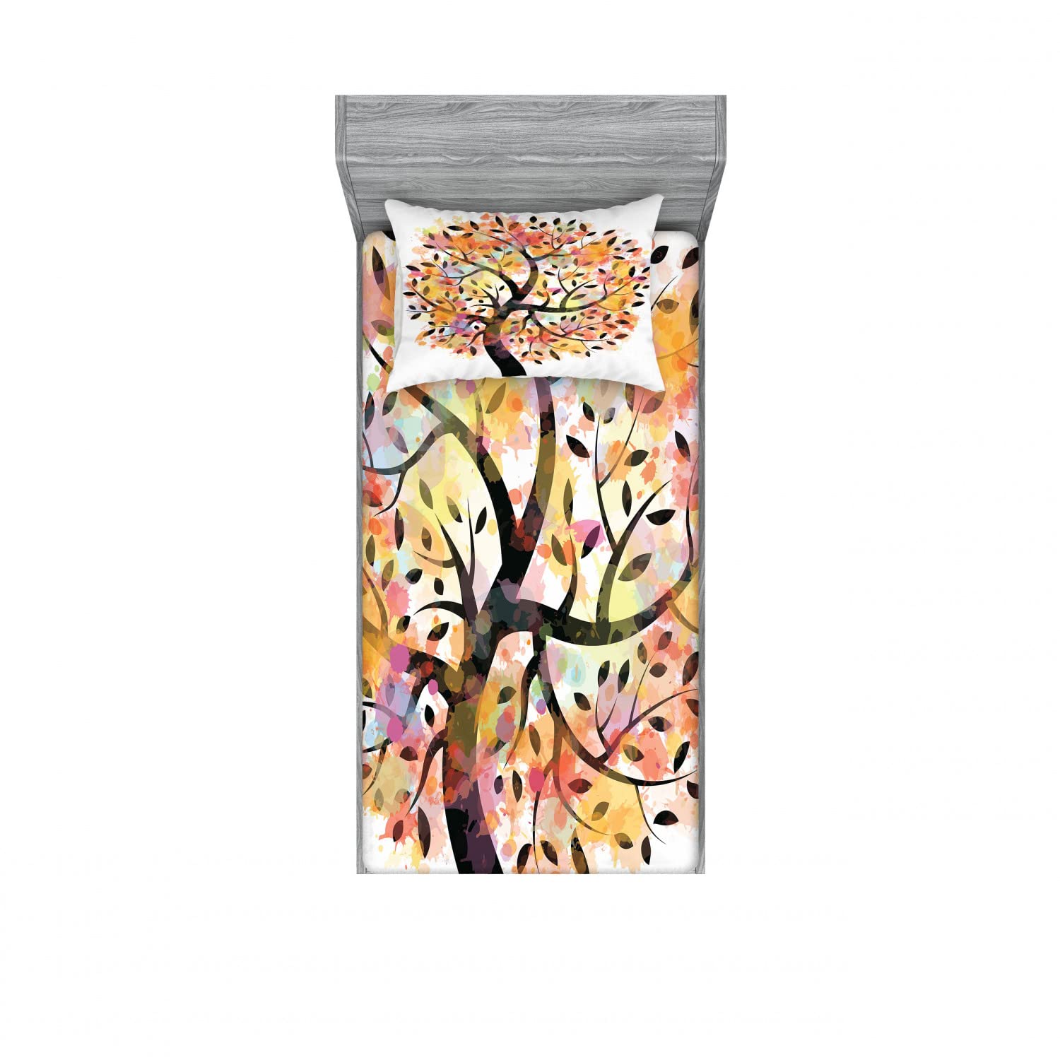 Ambesonne 2-Pack Twin Size Fitted Sheet & Pillow Sham Set - Spring Tree Leaves Pattern Bedding Decor (4-Piece Set) - Perfect for Guest Rooms, Dorms & Seasonal Bedroom Makeovers