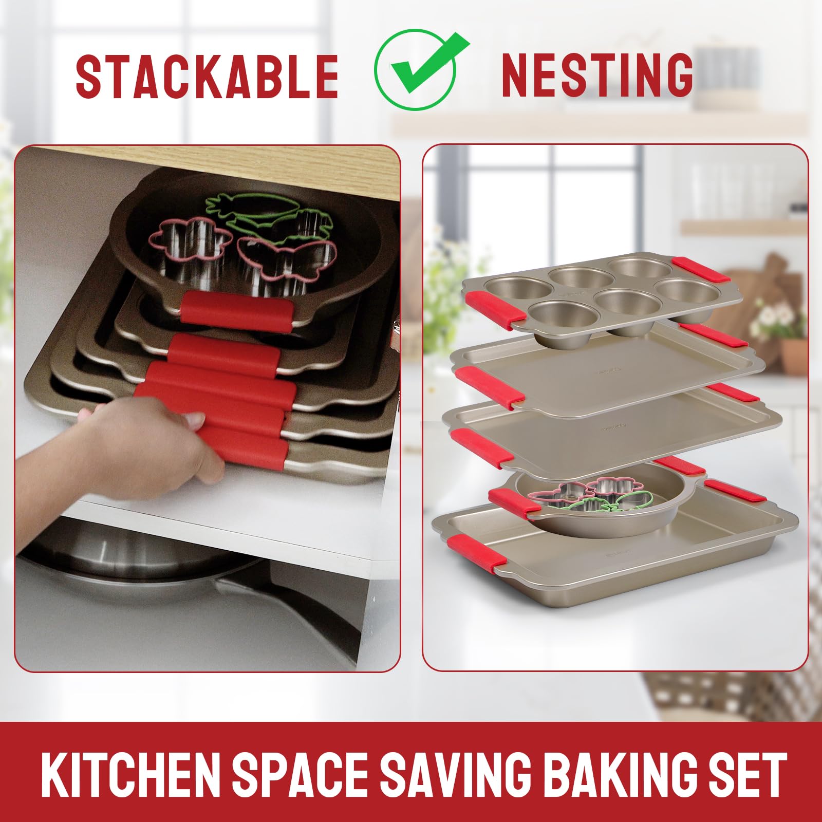Premium 9-Piece Nonstick Bakeware Set - Cookie Sheet, Cake Pans, Muffin Pan, Roasting Pan & Cookie Cutters with Ergonomic Handles | Perfect for Baking Cookies, Cakes, Cupcakes & Holiday Roasts - Champagne Gold