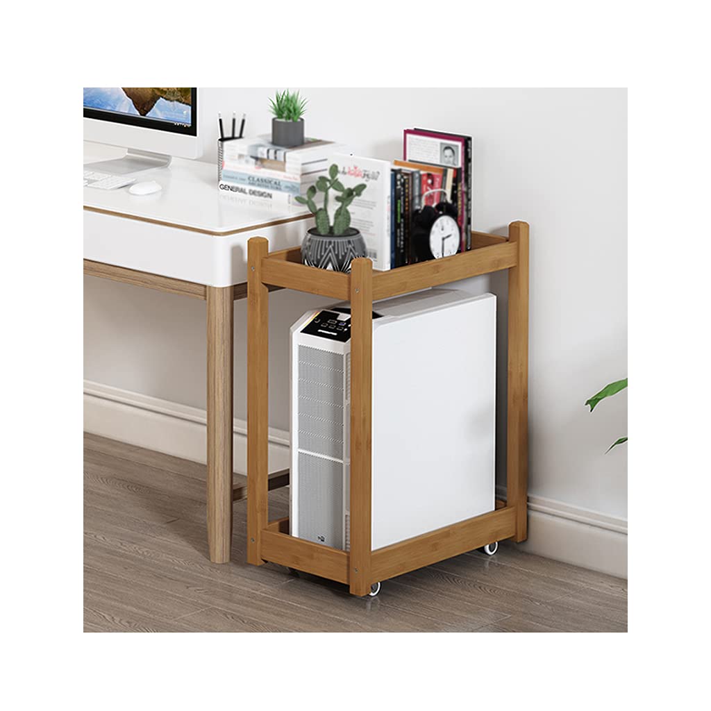 Double Layer Bamboo Computer Tower Stand with Locking Casters - Adjustable Floor-Standing CPU Holder & Printer Stand for Home Office - Perfect for Organizing Desktops, Printers, and Electronics in Small Spaces