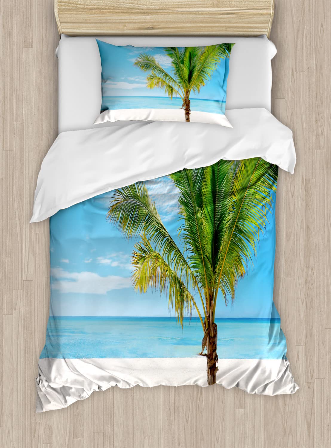 Ambesonne Tropical Duvet Cover Set - Exotic Beach Palm Tree Photo Bedding, 2-Pack Twin Size Blue Cream Green | Coastal Decor for Bedroom, Summer Beach House & Vacation Rental Themes