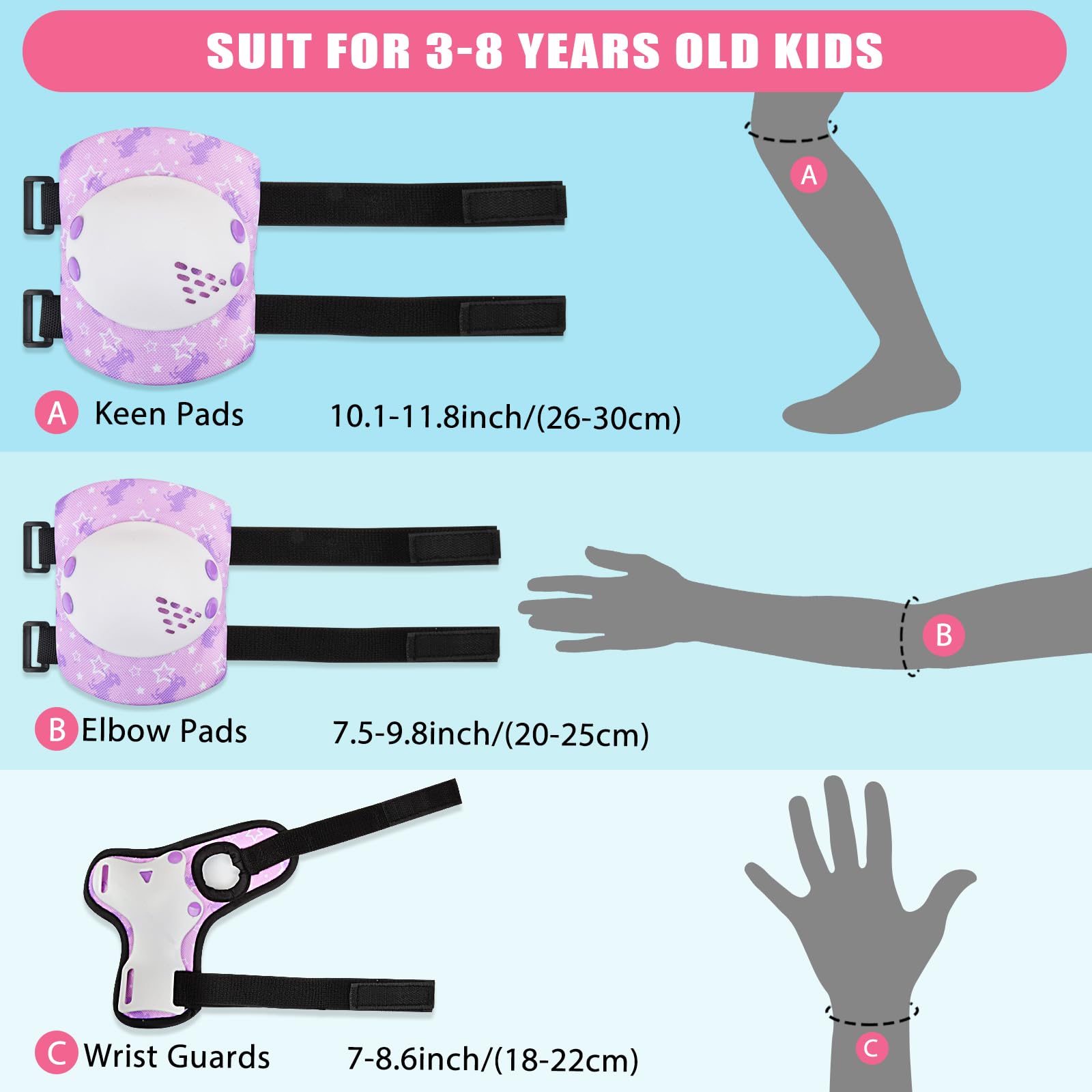 **Kids Knee Pads & Elbow Pads Set with Wrist Guards - Adjustable Protective Gear for Girls & Toddlers - Roller Skating, Biking, Skateboarding, Scooter - Purple Unicorn Design**    *(Perfect for outdoor play, sports safety, and active adventures!)*