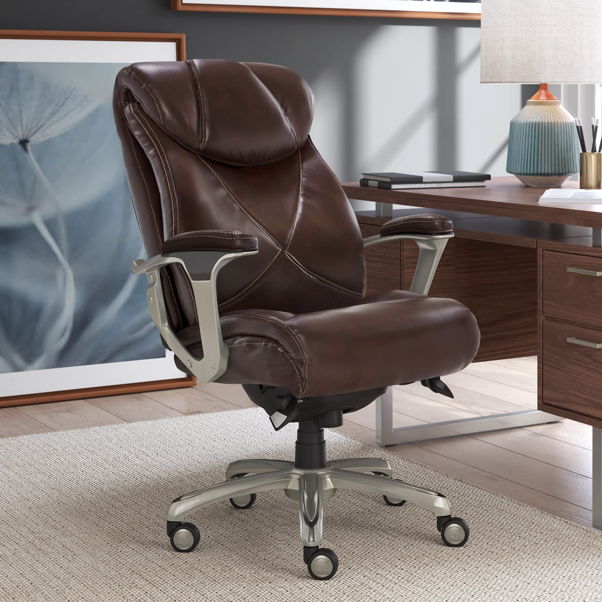 La-Z-Boy Cantania Executive Office Chair with AIR Lumbar Support & Memory Foam Cushions - Ergonomic High Back Desk Chair with Brown Bonded Leather - Perfect for Home Office, Gaming & Workspaces
