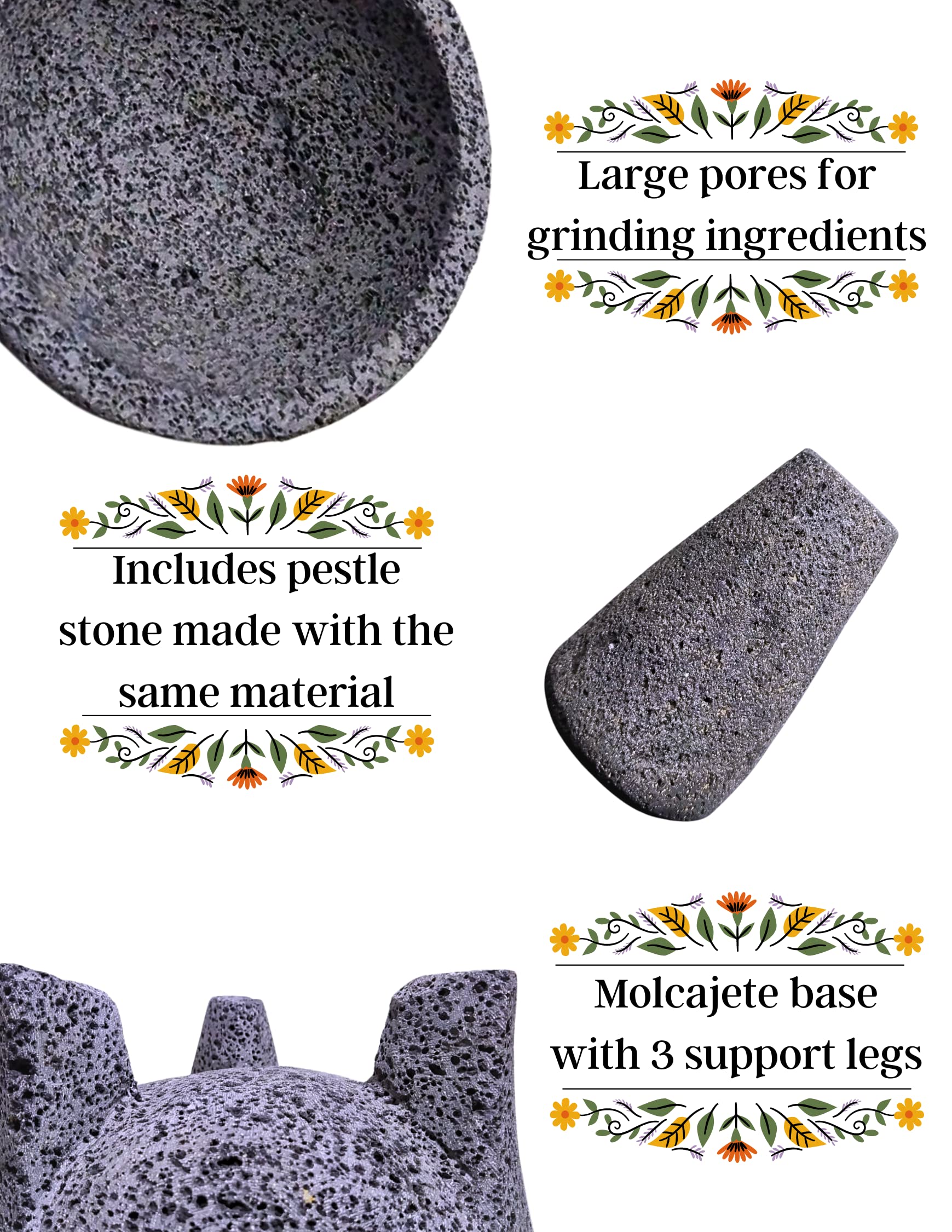 Premium 7-Inch Black Molcajete Mortar and Pestle Set - Natural Stone Spice Grinder, Garlic Crusher & Herb Mixing Bowl for Cooking, Pharmacy Pill Crushing & Traditional Mexican Cuisine | Perfect for Guacamole, Salsas & Seasoning Prep