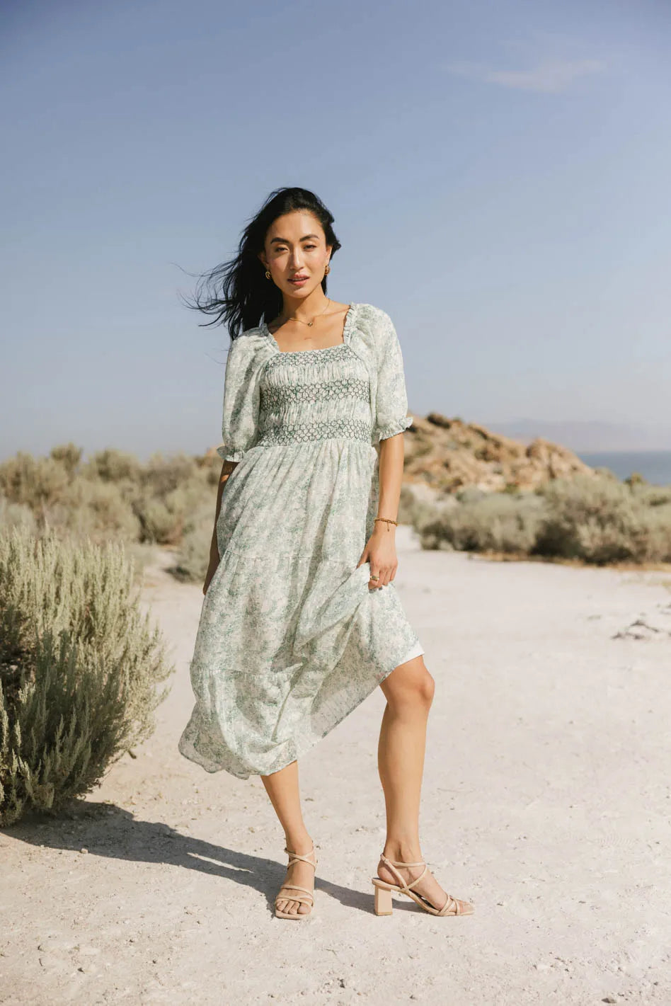 Nadia Smocked Midi Dress for Women - Floral Summer Dress with Ruffled Sleeves | Perfect for Beach Vacations, Date Nights & Garden Parties (Final Sale)