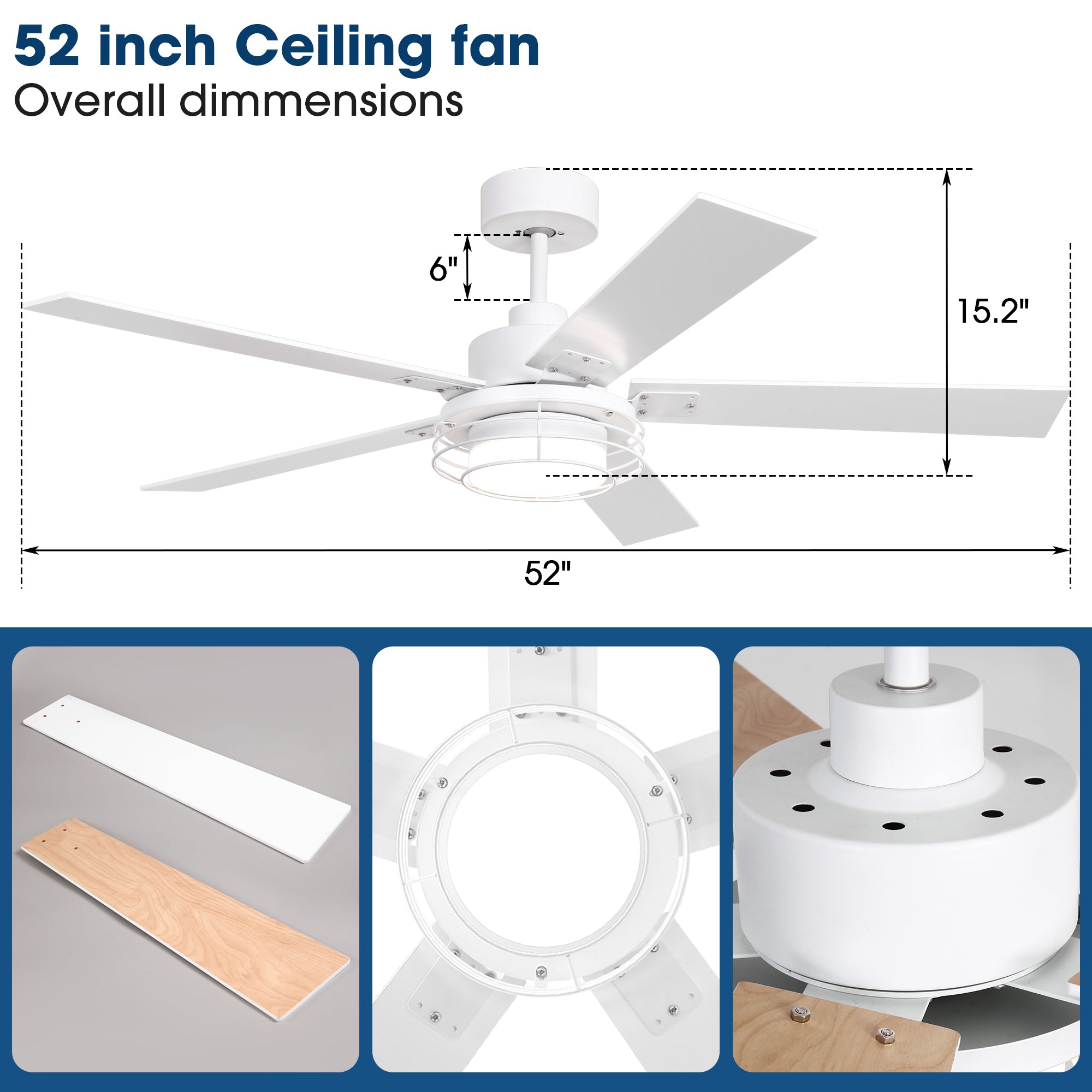 52 Inch Bernice DC Motor Industrial Ceiling Fan with LED Light and Remote Control - Perfect for Warehouses, Garages, and Large Spaces