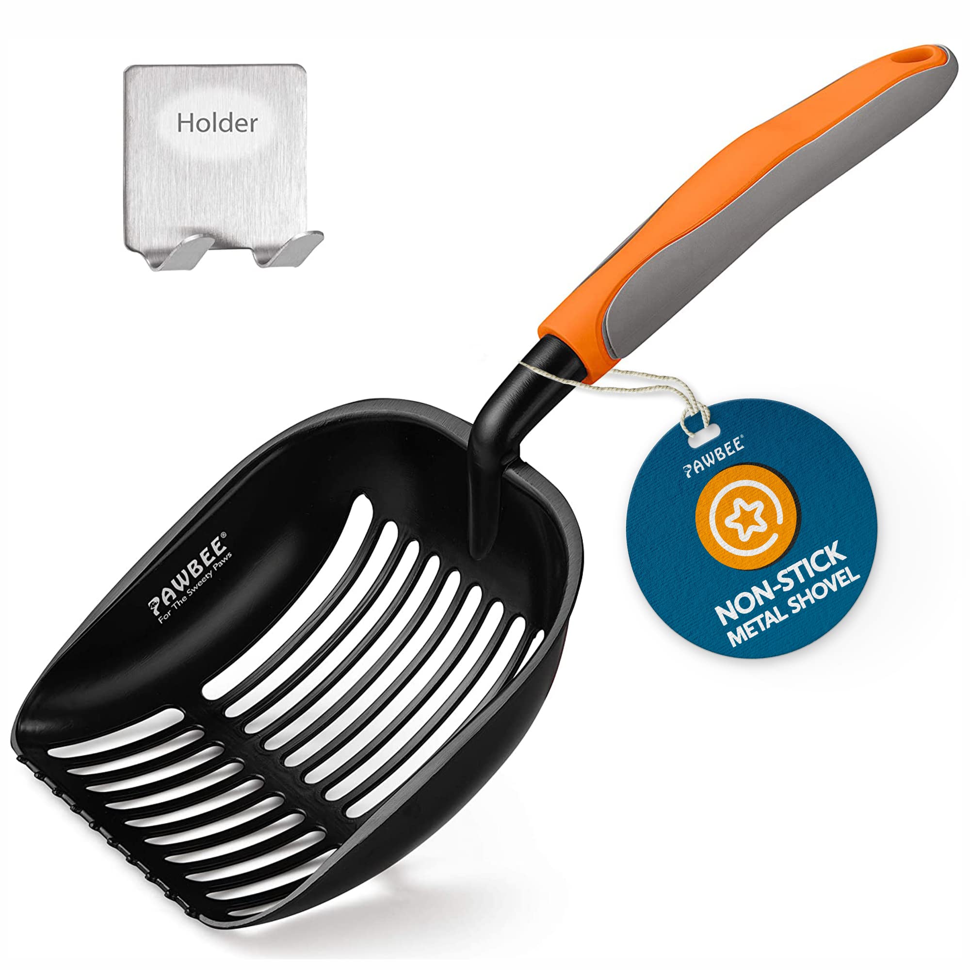 PAWBEE Metal Cat Litter Scoop with Holder - Premium Non-Stick Stainless Steel Litter Scooper for Cats - Deep Shovel Design with Long Non-Slip Handle - Durable Kitty Waste Scoop for Litter Box Cleaning - Perfect for Multi-Cat Homes & Odor Control