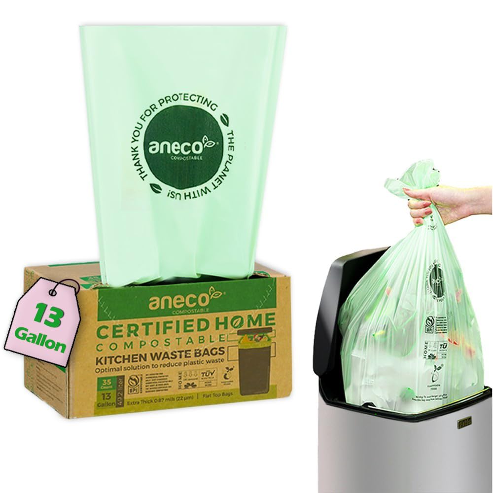 ANECO 100% Compostable Food Waste Bags - 13 Gallon, 35 Count, Extra Thick & Eco-Friendly Kitchen Compost Bags for Tall Trash Bins - Perfect for Organic Waste, Biodegradable Garbage Disposal & Sustainable Home Composting