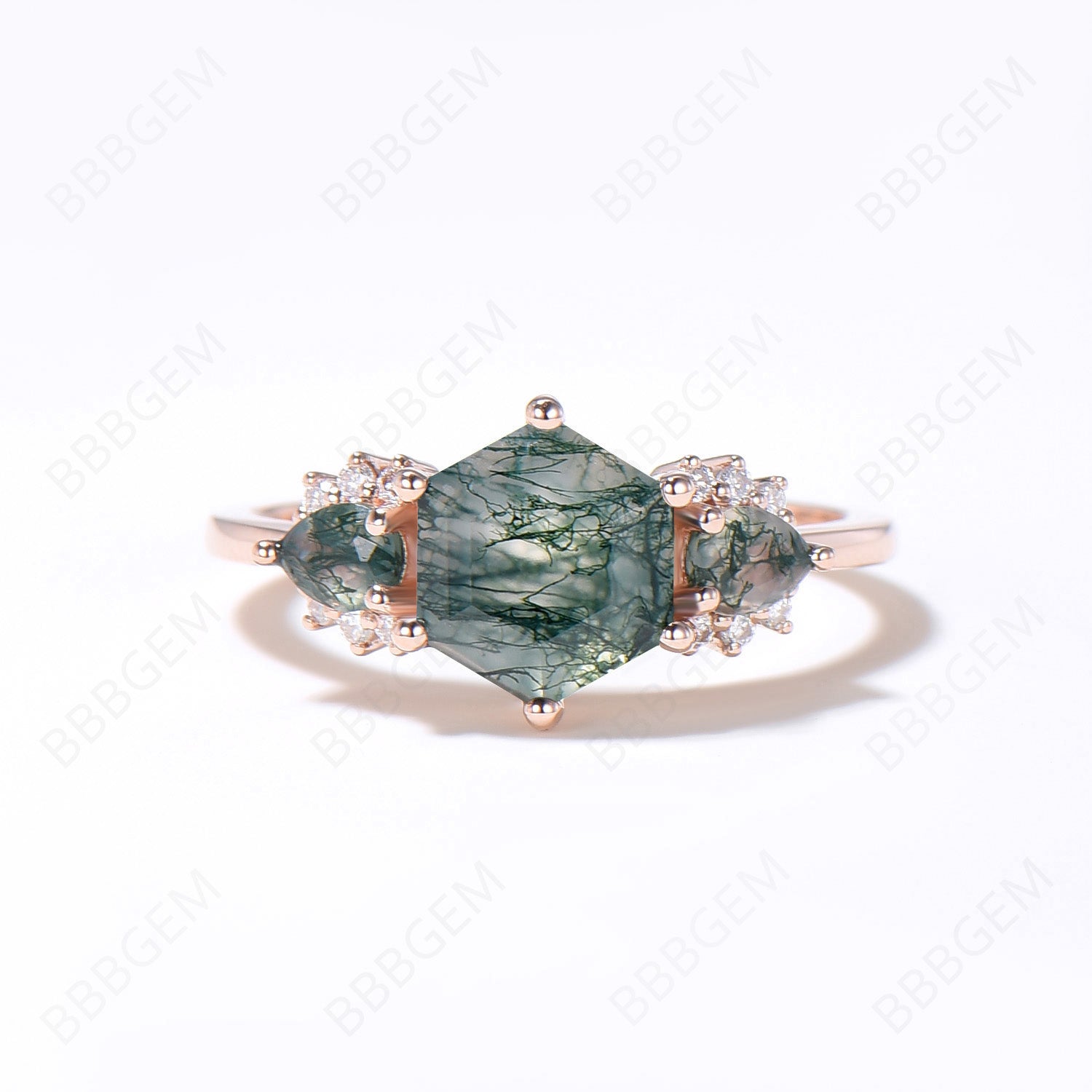Hexagon Cut Natural Moss Agate Engagement Ring - Teardrop Aquatic Agate Bridal Ring in Solid Gold with Moissanite Accents | Perfect Wedding Gift for Women, Anniversary Present & Boho Jewelry for Special Occasions