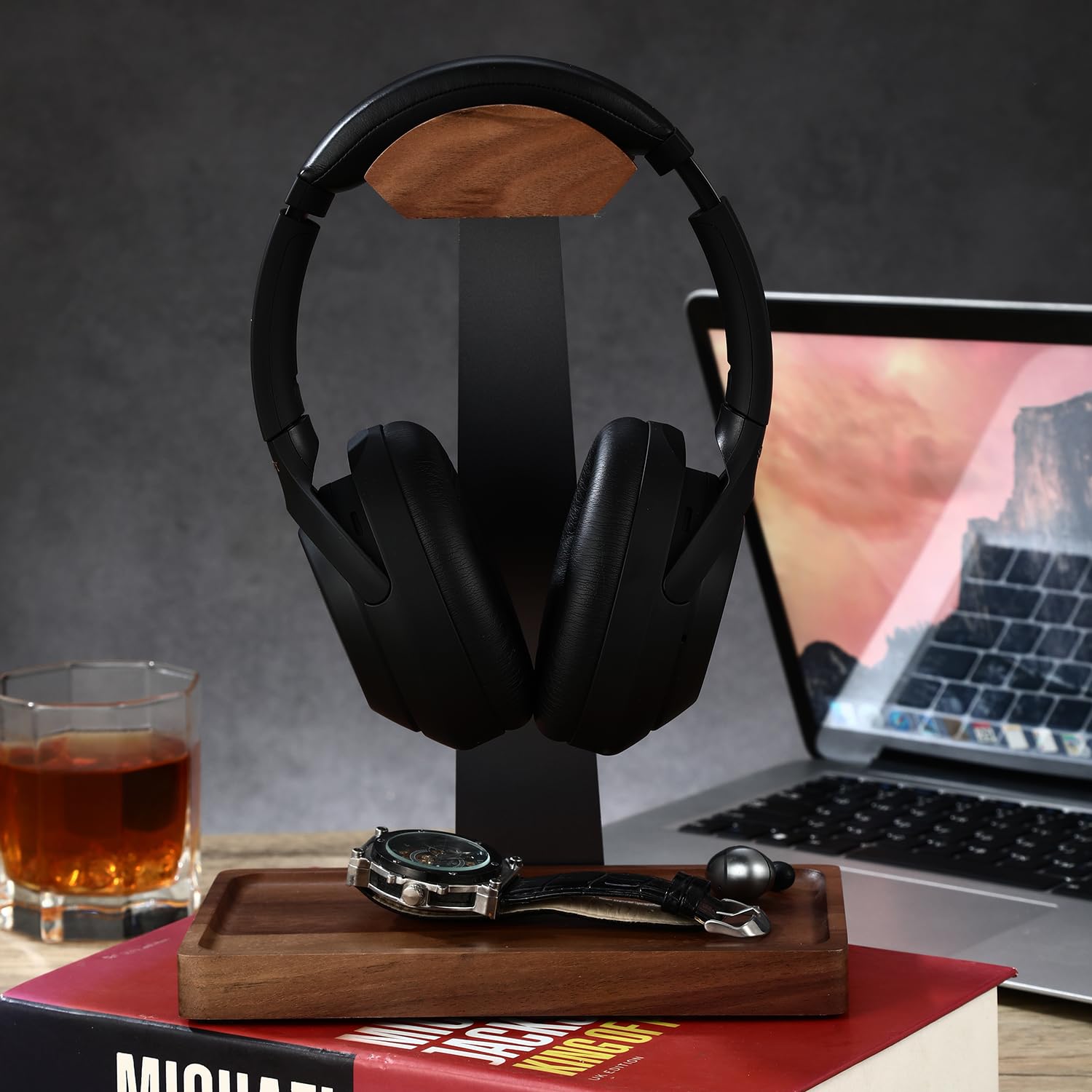 Premium Walnut Wood Headphone Stand with Storage Base - Stylish Desk Organizer for AirPods Max, Bose, Sony, Sennheiser & Gaming Headsets - Perfect Gift for Audiophiles & Gamers - Ideal for Home Office, Gaming Setup & Studio Use