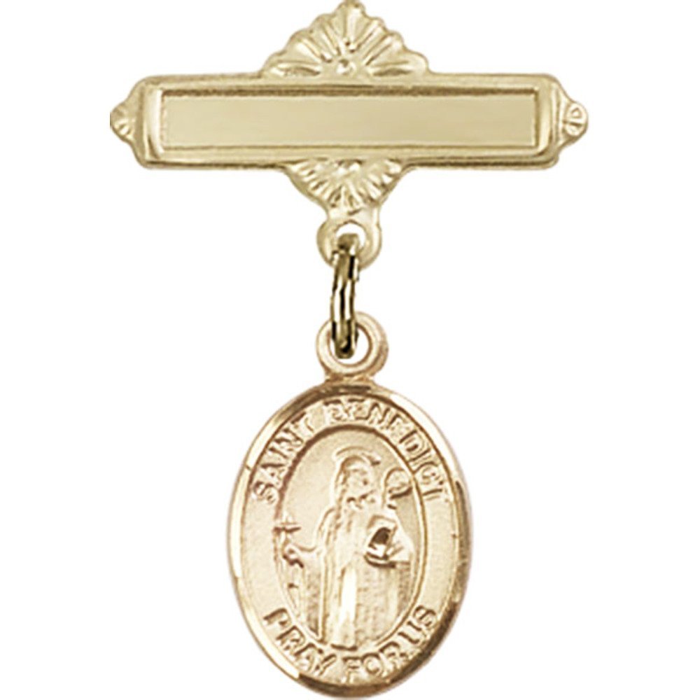 St. Benedict Gold Filled Baby Badge Charm - 1 X 5/8 Inch Religious Jewelry with Polished Pin - Perfect for Baptism Gifts, Christening Keepsakes & Catholic Faith Jewelry