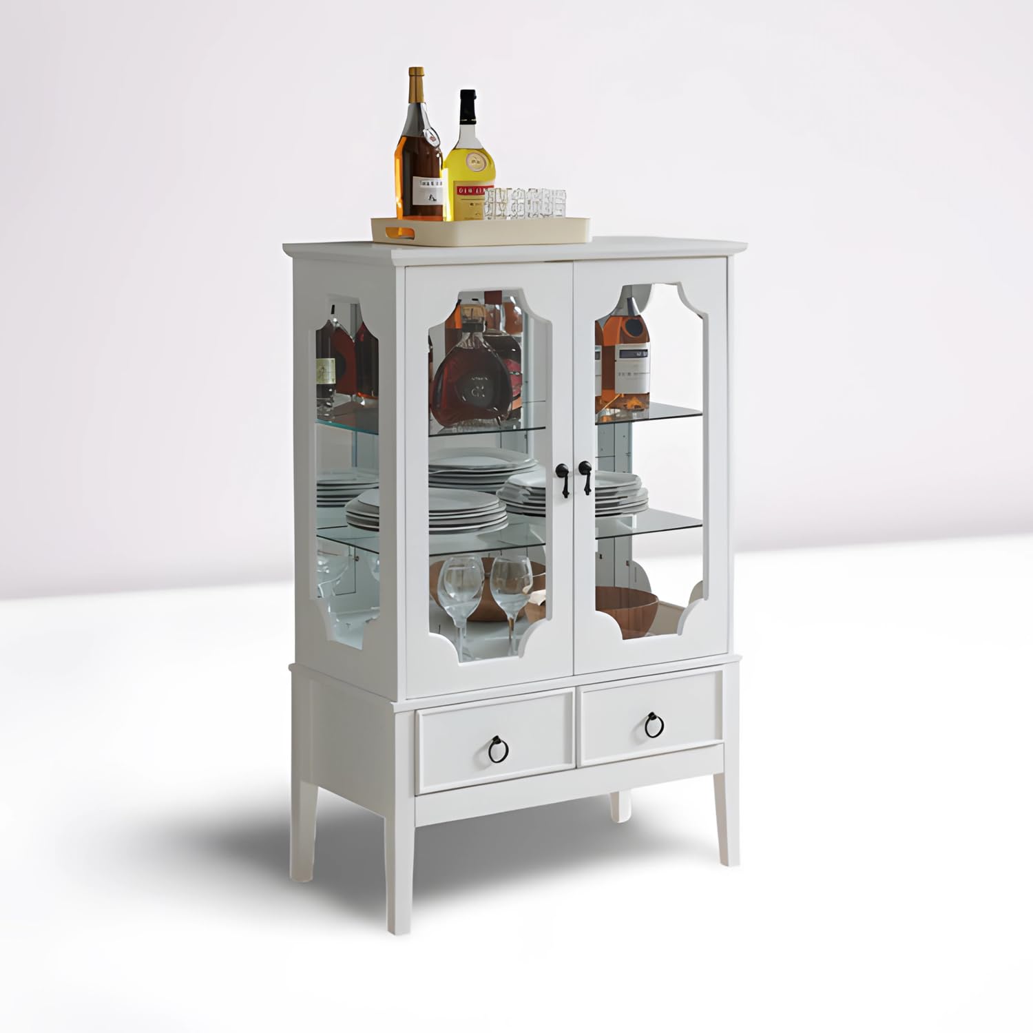 Kings Brand Furniture - White Curio Accent Storage Cabinet with Glass Shelves, Doors & Drawers - Sideboard Buffet Display Cabinet for Living Room, Dining Room & Kitchen - Perfect for Showcasing Collectibles, Storing China & Entertaining Guests