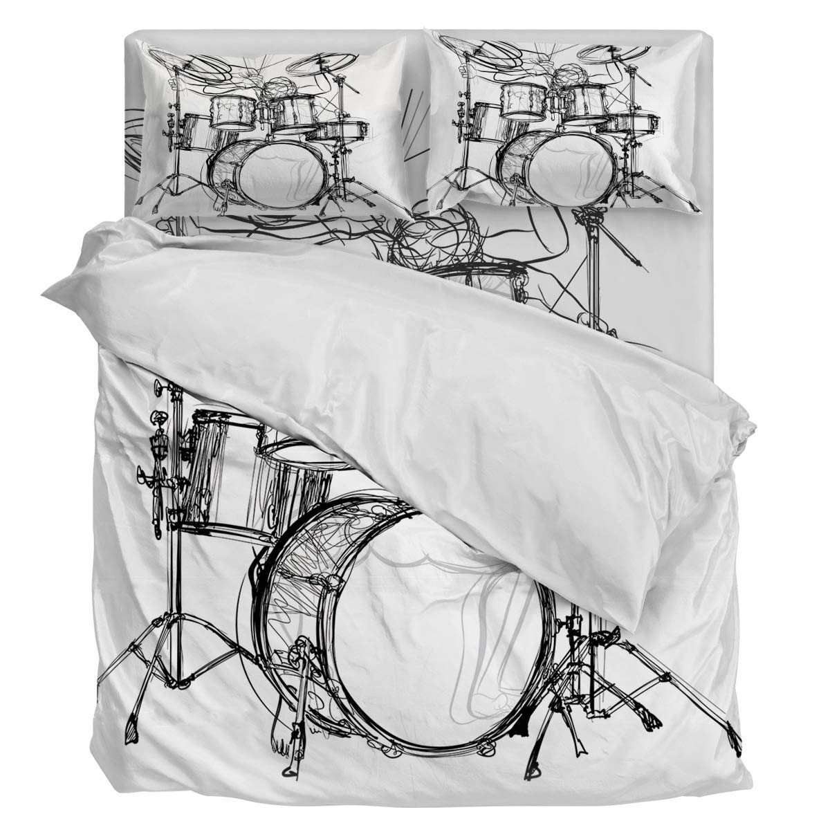 Ultra Soft 4-Piece Rock and Roll Drum Duvet Cover Set - Full Size Bedding with 1 Duvet Cover, 1 Flat Sheet & 2 Pillowcases - Twill Plush Comforter Cover for Cozy Bedroom Decor & Music Lover's Home