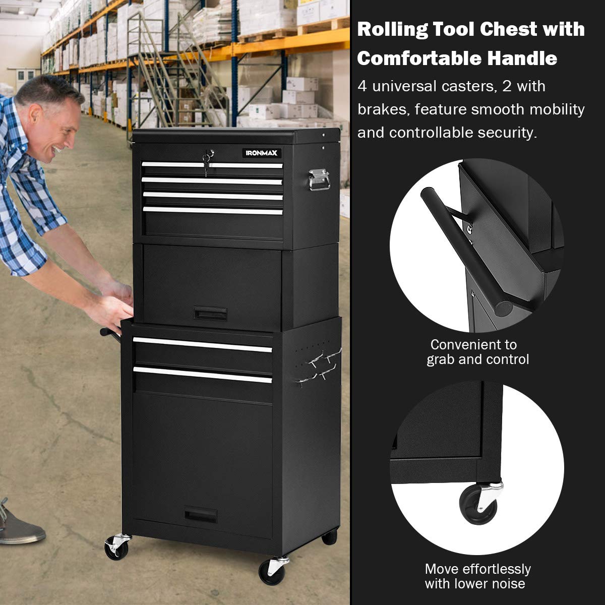 Goplus 6-Drawer Rolling Tool Chest with Auto Locking System - 3-in-1 Tool Box Organizer with Lockable Wheels, Sliding Drawers & Detachable Top - Heavy Duty Tool Storage Cabinet for Garage, Workshop, Home DIY & Professional Use (Black)