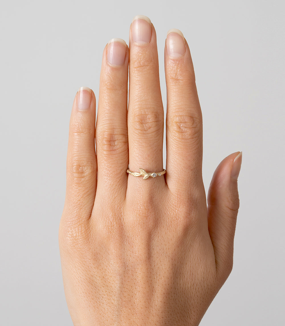 14K Gold Diamond Pod Branch Textured Band Stacking Ring for Women - Elegant Layered Jewelry for Everyday Wear & Special Occasions