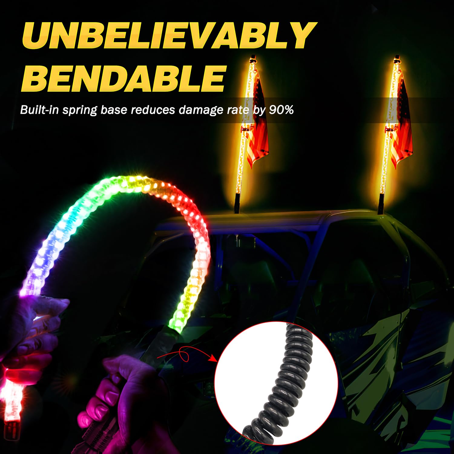 3ft RGB LED Whip Lights 2 Pack - 360° Spiral RGBW LED Chasing/Dancing Antenna Lights with RF Remote Control for ATV, UTV, SXS | Compatible with Polaris Ranger, RZR XP1000, Can-Am X3, Yamaha, Kawasaki | Perfect for Off-Roading, Night Riding & Vehicle Customization