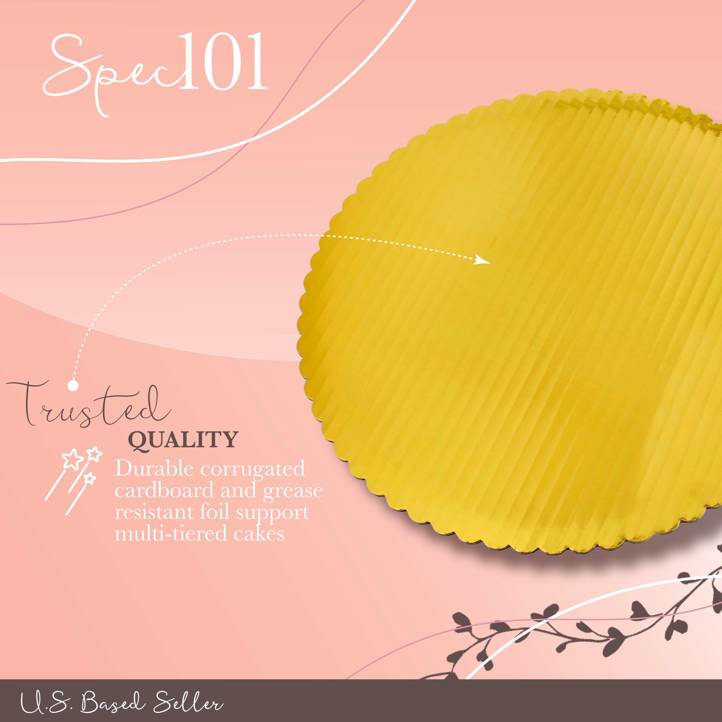 20-Pack 10 Inch Round Gold Cake Boards with Scalloped Foil Edge - Sturdy Cardboard Cake Drums for Professional Baking, Wedding Cakes, Birthday Parties & Dessert Displays