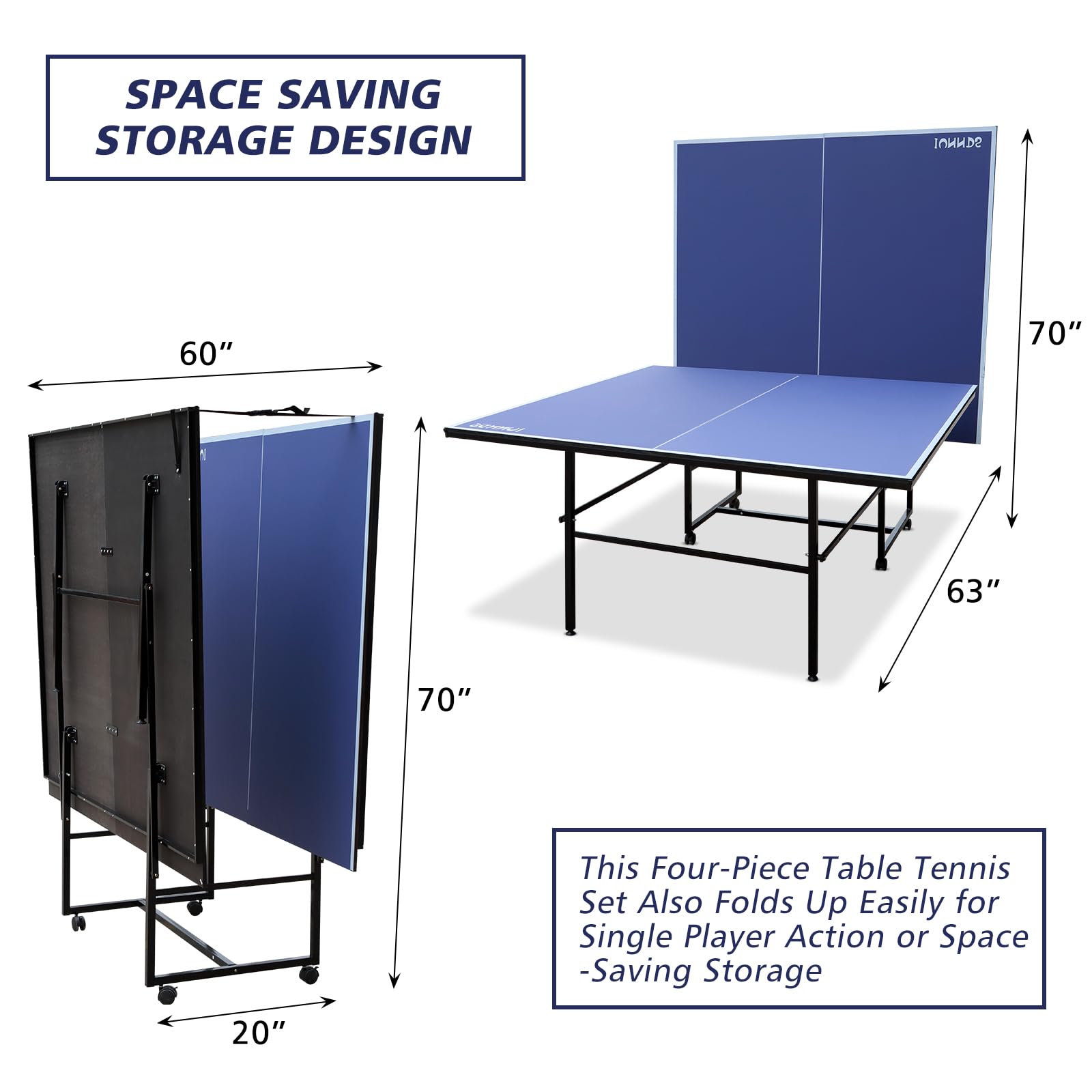 Regulation Size Folding Ping Pong Table with Wheels - Portable Indoor/Outdoor Table Tennis Set Includes 2 Paddles, 2 Balls & Net - Perfect for Home, Office, Backyard or Gym Use (Blue)