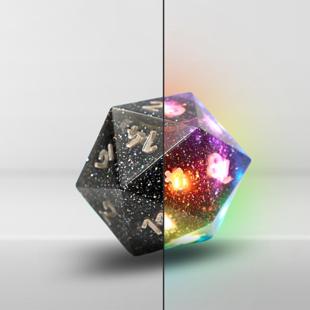 RGB Polyhedral Electronic Dice - D20 (Midnight Galaxy) with App-Controlled Light Effects & Sound, Wireless Charging, Bluetooth VTT Connectivity - Perfect for DND, RPG Games and Tabletop Adventures