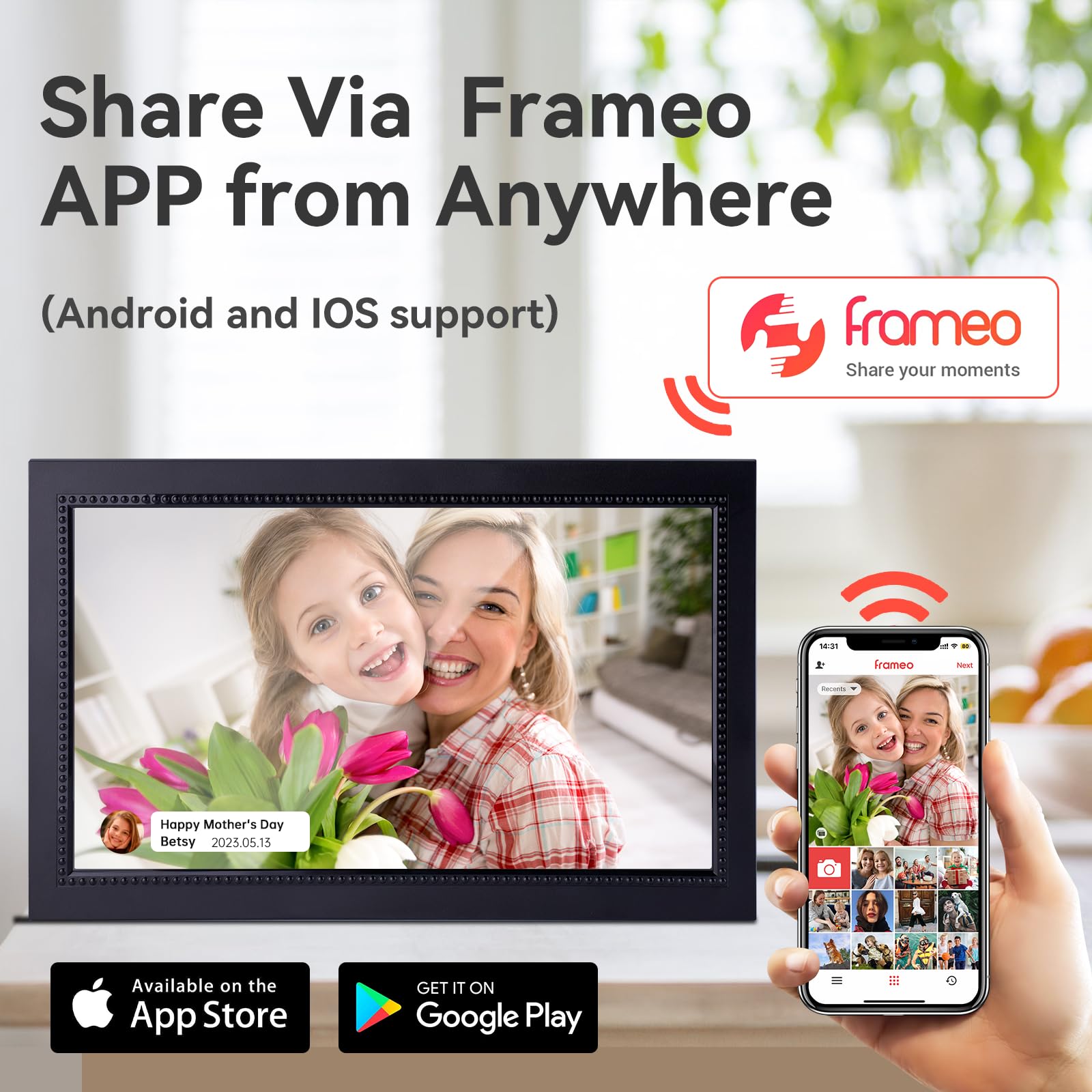 FRAMEO 15.6 Inch Large Digital Photo Frame with 32GB Storage - 1920x1080P FHD IPS Touch Screen, WiFi Smart Digital Picture Frame - Easy Setup & Free App for Photo/Video Sharing - Perfect for Home Decor, Office Display & Gift Giving