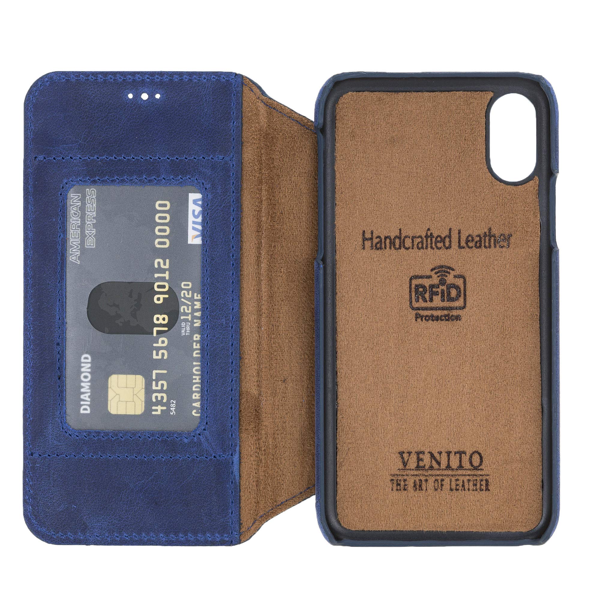 Venito Venice Slim iPhone X/XS Case with Stand, Wallet & RFID Blocking - Self-Closing Magnetic Cover (Antique Dark Blue) - Perfect for Travel, Work & Everyday Protection