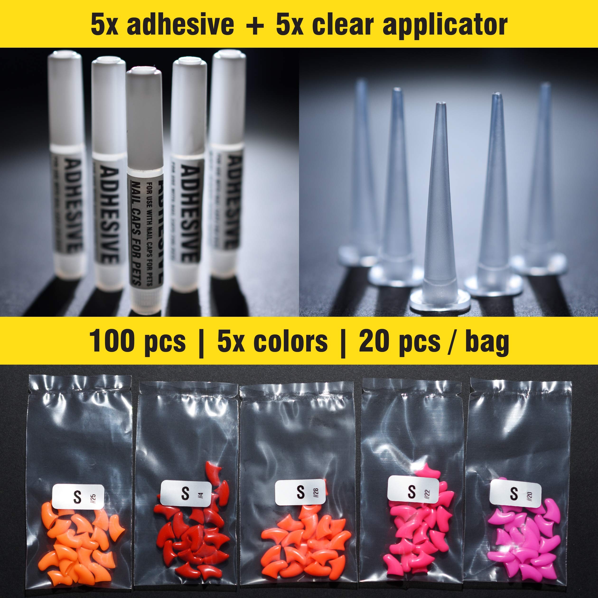 Zetpo 100 PCS Soft Cat Nail Caps - Cat Claw Covers with Adhesive Glue & Applicator Tool (Size S, Orange/Red/Neon Red/Bright Pink/Rose) - Safe Nail Protectors for Indoor Cats, Furniture Protection & Stress-Free Grooming