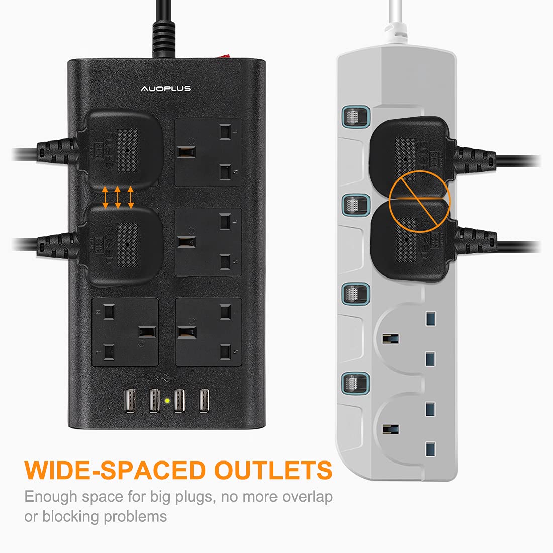 AUOPLUS 6 Outlet Surge Protector Power Strip with 4 USB Ports (2.4A Each) - 6ft Extension Cord - Multi Plug Charger for Phone, Tablet, Laptop - Home & Office Use - Black | Perfect for Workstations, Bedrooms & Entertainment Centers