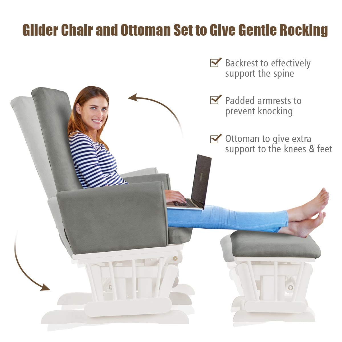 Costzon Baby Glider and Ottoman Set - Gray Upholstered Nursery Rocking Chair with Padded Armrests for Nursing, Napping & Reading | Comfortable Nursery Furniture for Baby's Room & Bedroom