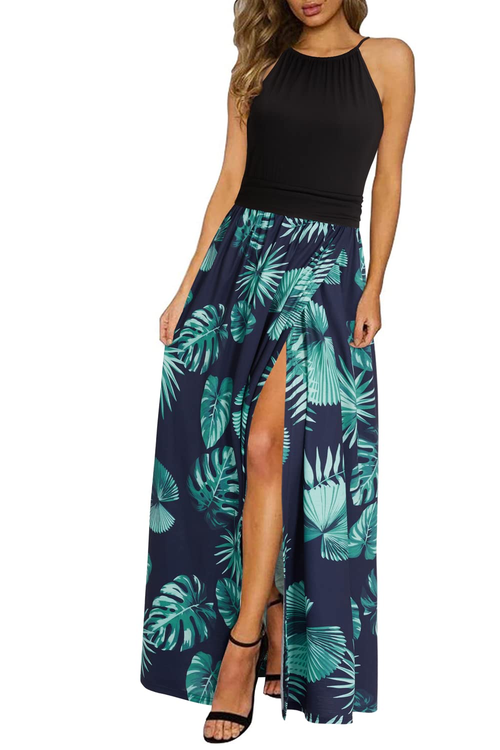 KILIG Women's Floral Maxi Dress 2023 - Summer Beach Casual Halter Neck Long Dress with Pockets | Perfect for Spring Vacation, Hawaiian Party & Outdoor Wedding