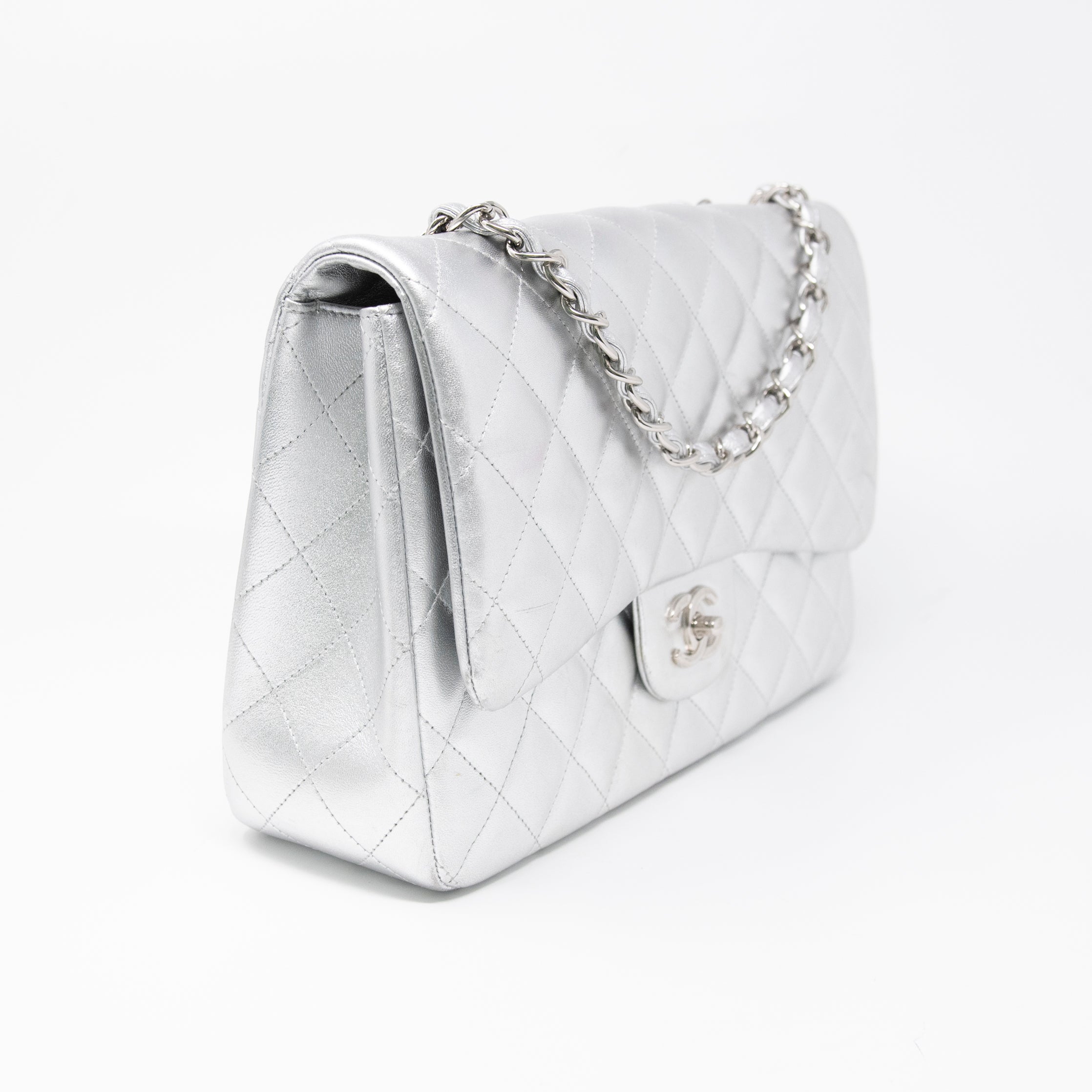 Chanel Metallic Silver Jumbo Flap Bag - Luxury Designer Handbag for Women | Perfect for Evening Parties, Date Nights & Special Occasions