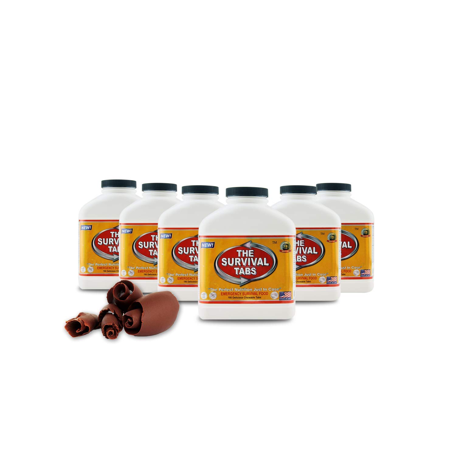 90-Day Ultimate Emergency Food Supply Kit - 25 Year Shelf Life, Chocolate Flavor, 6 Bottles x 180 Tablets - Perfect for Disaster Preparedness, Camping & Survival Situations